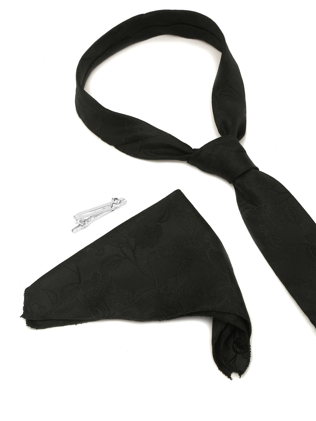 Floral Black Luxury Italian Silk Necktie Set With Pocket Square Chrome Tie pin