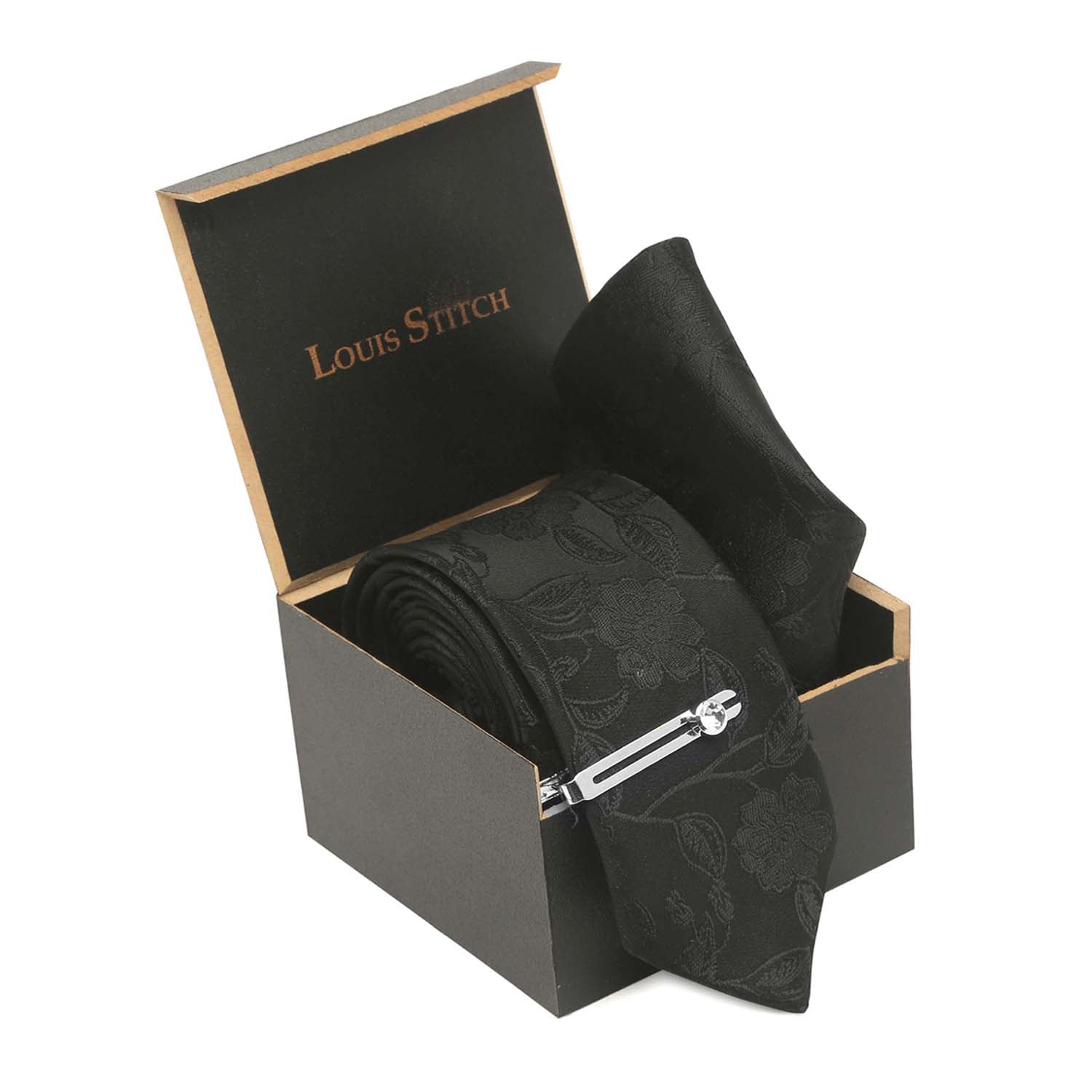 Floral Black Luxury Italian Silk Necktie Set With Pocket Square Chrome Tie pin