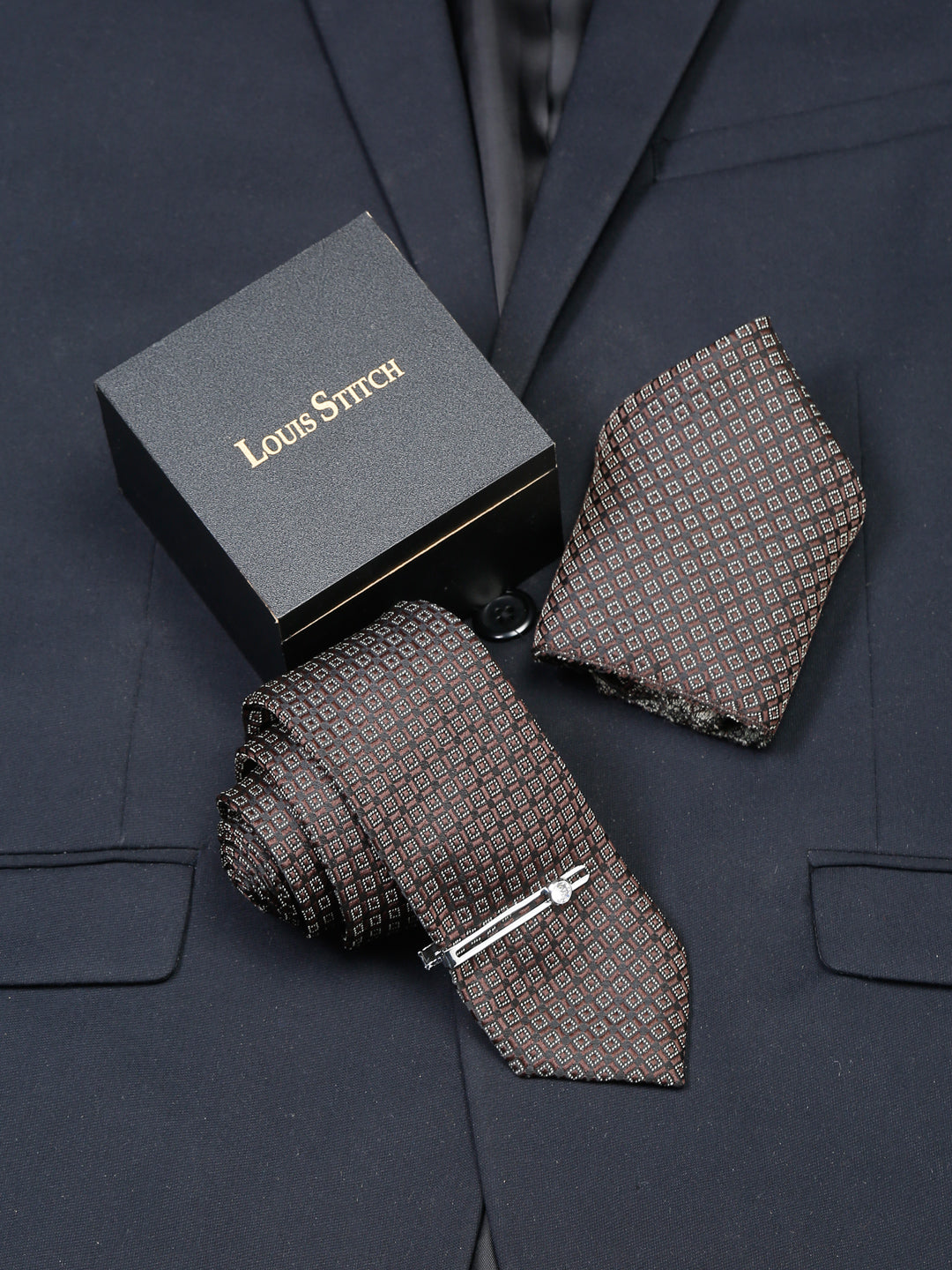 Chocolate Brown Luxury Italian Silk Necktie Set With Pocket Square Chrome Tie pin