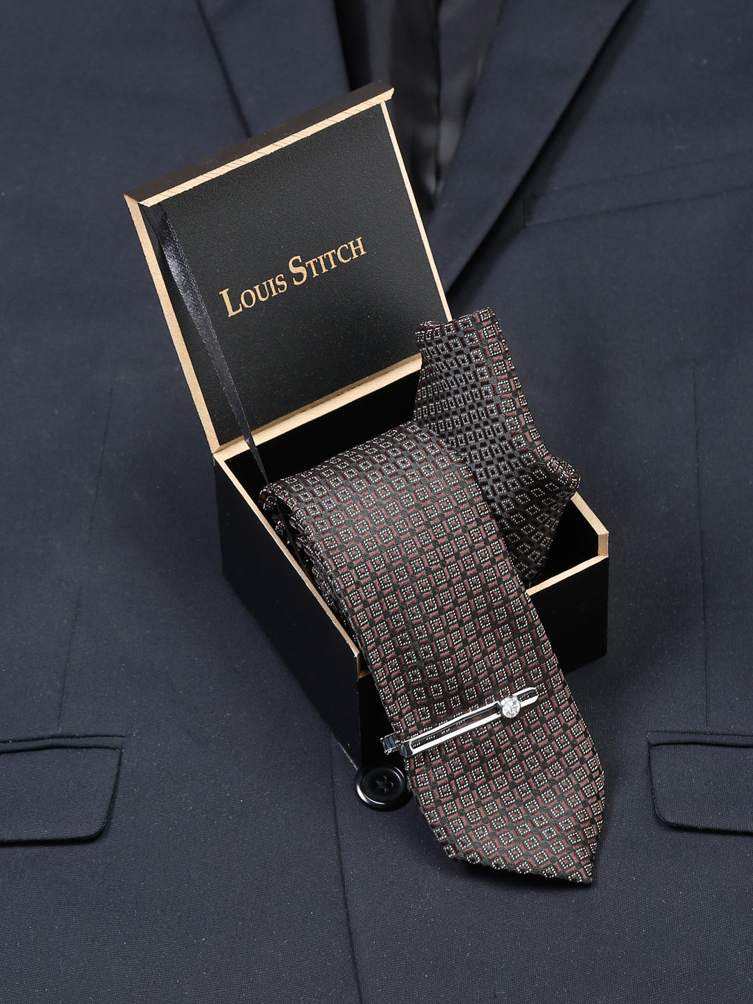 Chocolate Brown Luxury Italian Silk Necktie Set With Pocket Square Chrome Tie pin