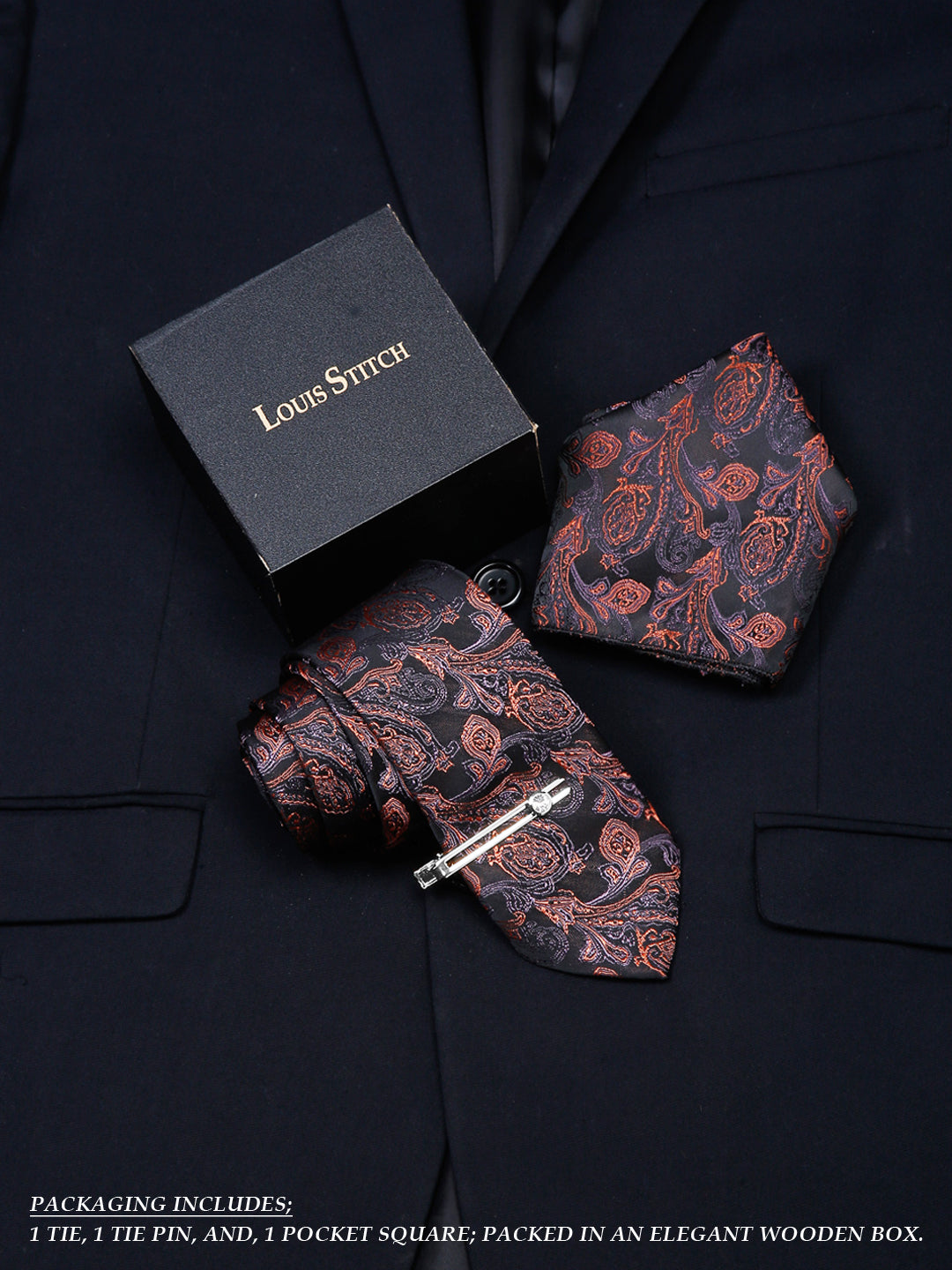 Flowral Brown Luxury Italian Silk Necktie Set With Pocket Square Chrome Tie pin