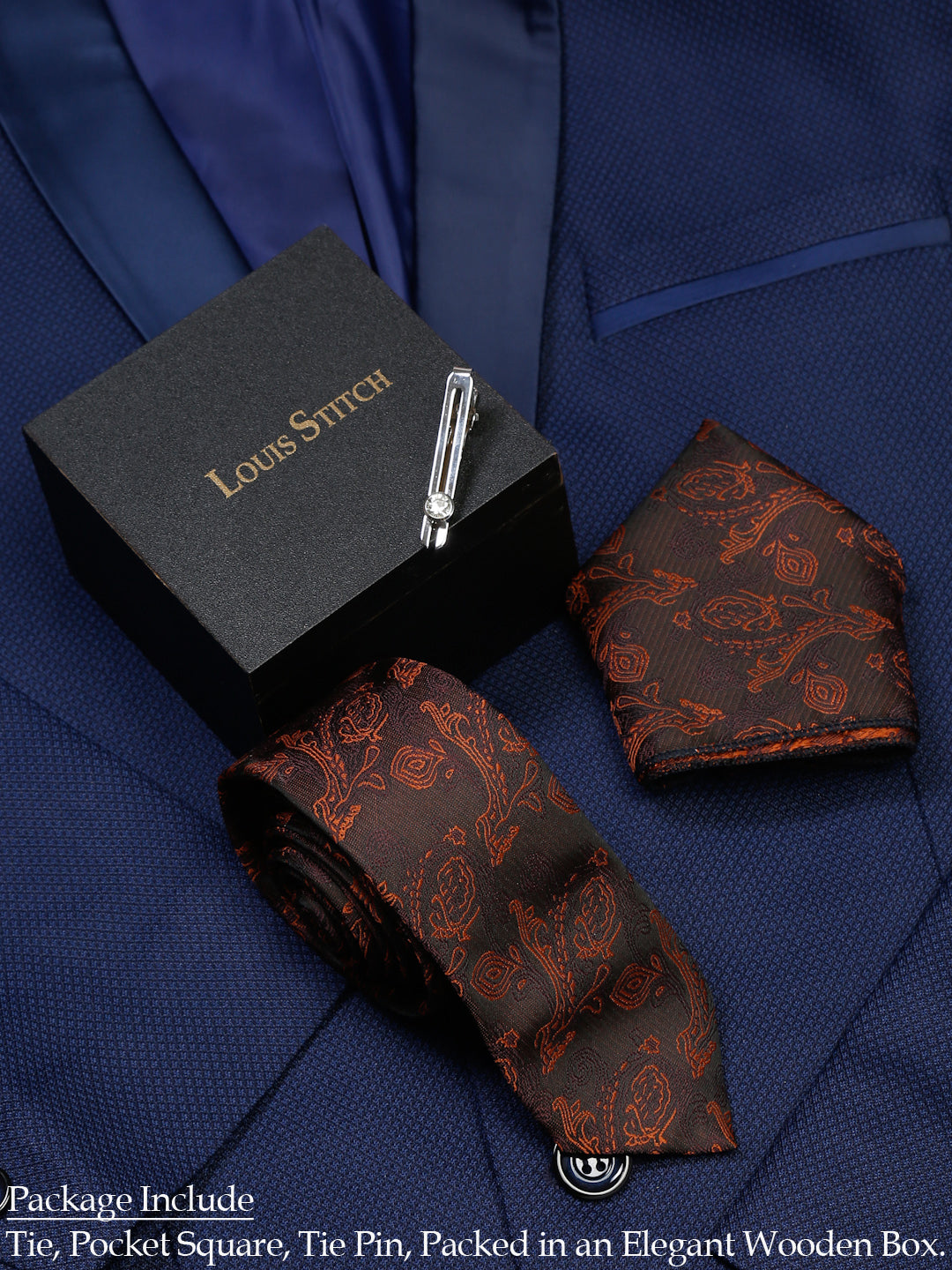 Coffee Brown Luxury Italian Silk Necktie Set With Pocket Square Chrome Tie pin