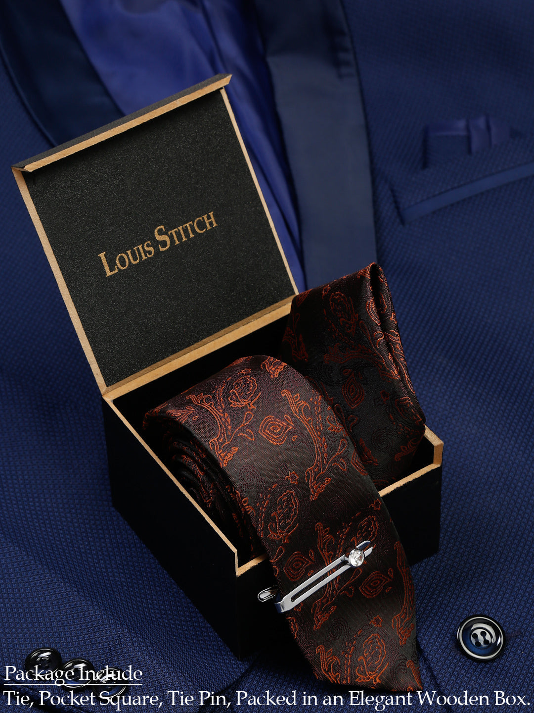 Coffee Brown Luxury Italian Silk Necktie Set With Pocket Square Chrome Tie pin
