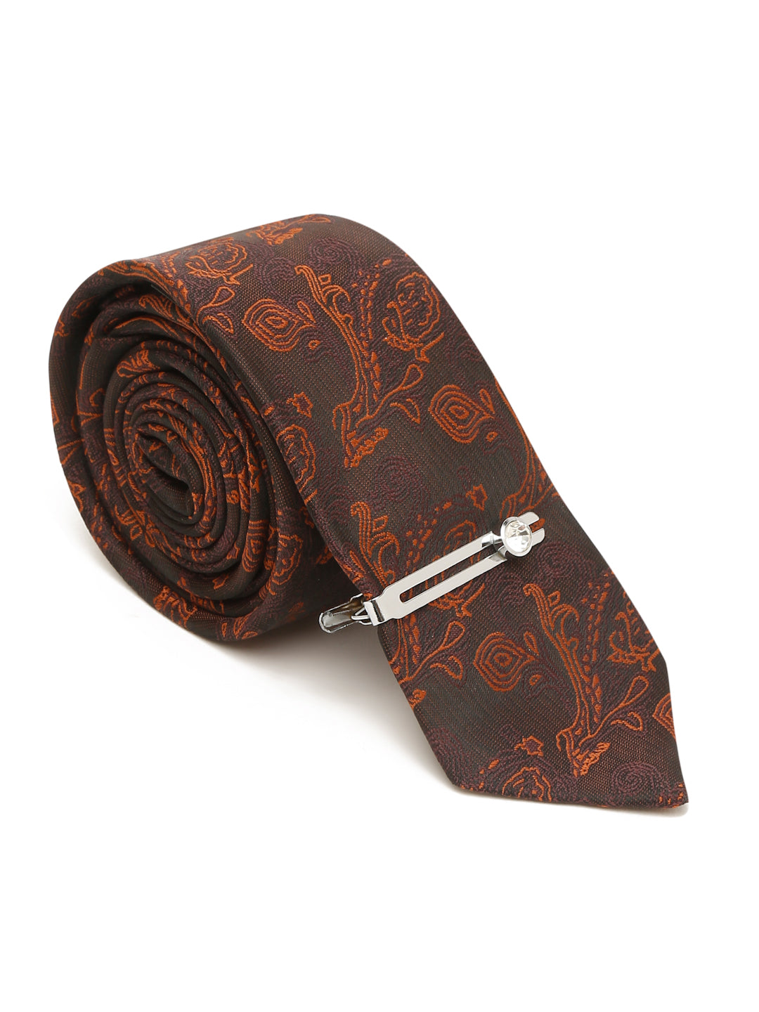 Coffee Brown Luxury Italian Silk Necktie Set With Pocket Square Chrome Tie pin