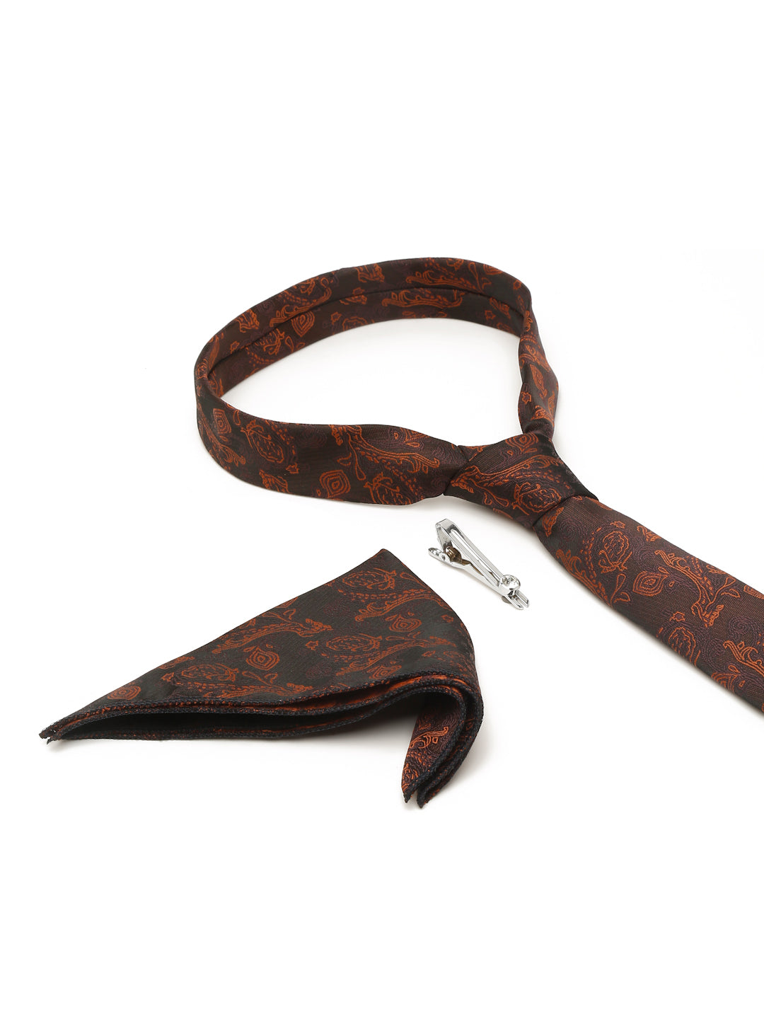 Coffee Brown Luxury Italian Silk Necktie Set With Pocket Square Chrome Tie pin
