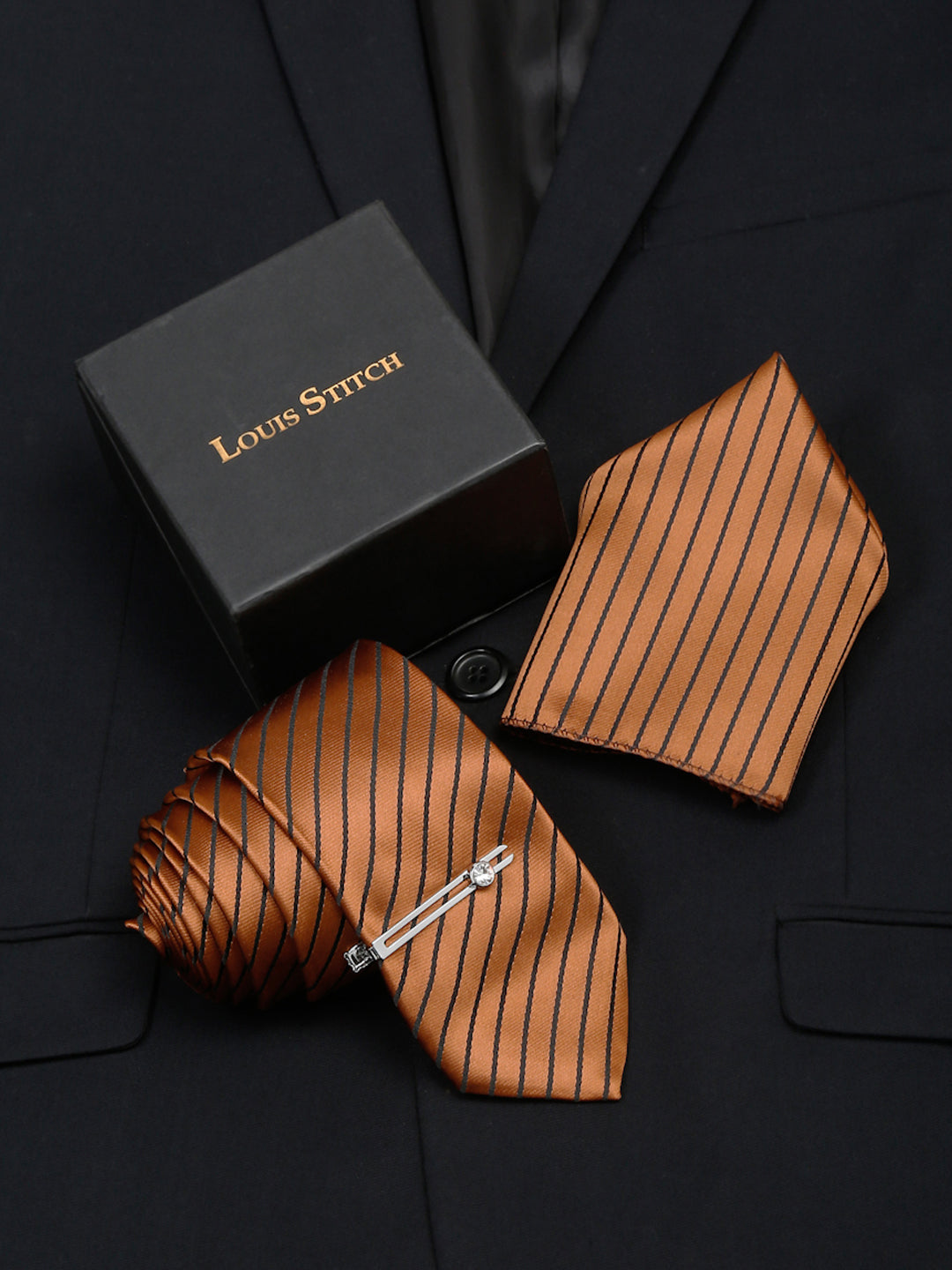 Copper Brown Italian Silk Necktie Set Pocket Square Chrome Tiepin