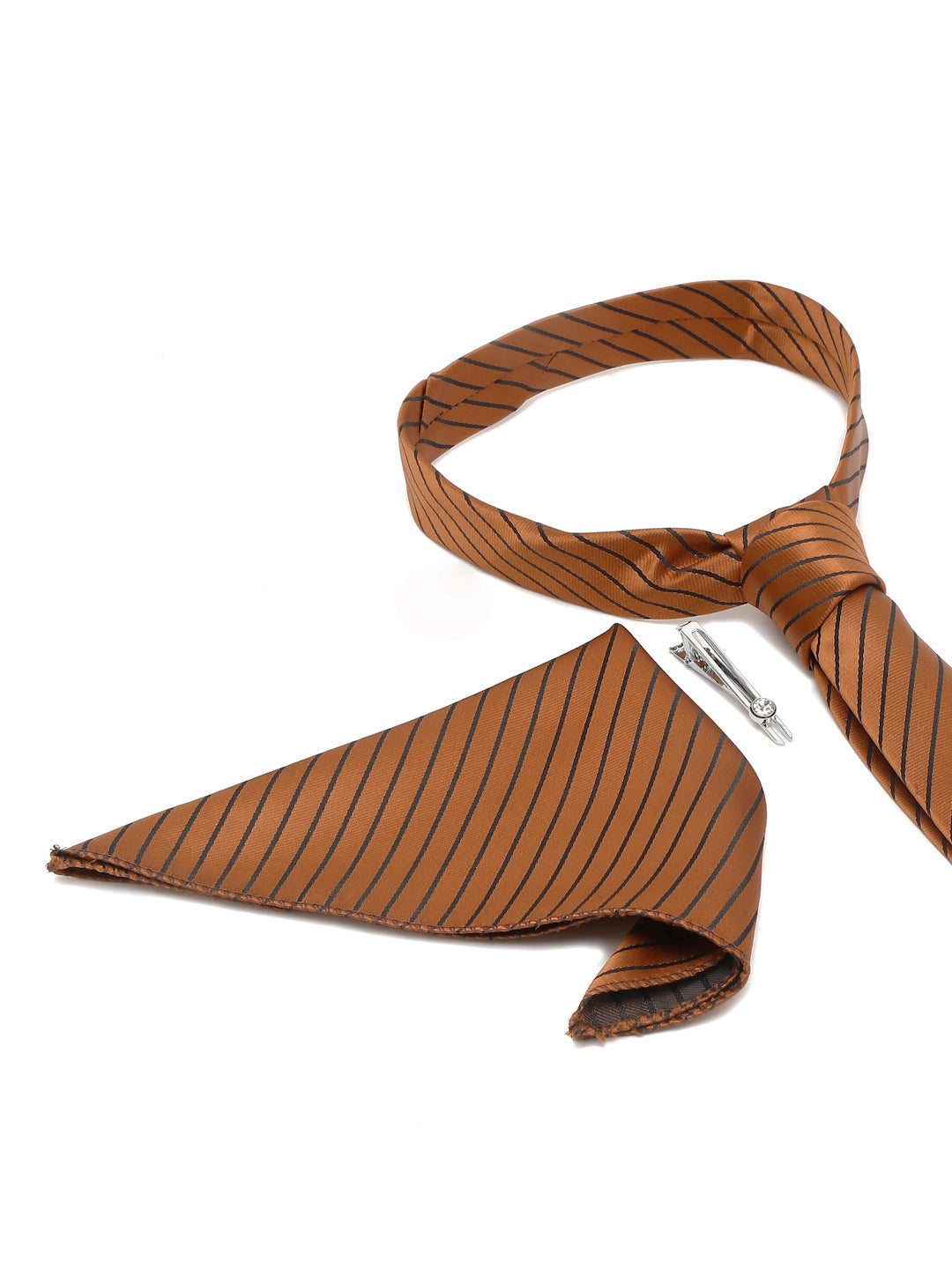 Copper Brown Italian Silk Necktie Set Pocket Square Chrome Tiepin
