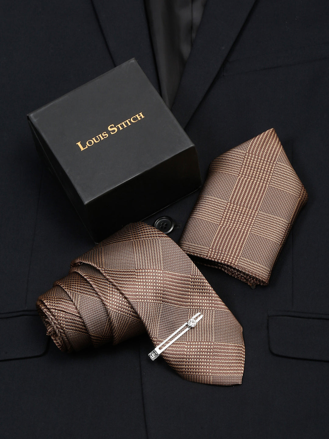 Maple Brown Italian Silk Necktie Set Pocket Square Chrome Tiepin