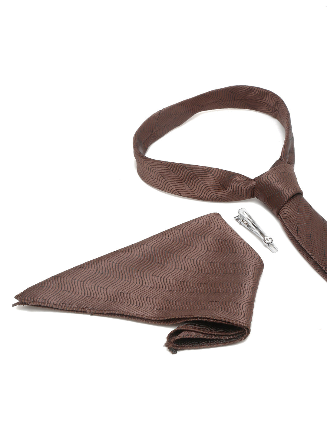 Van Dyke Brown Italian Silk Necktie Set Pocket Square Chrome Tiepin