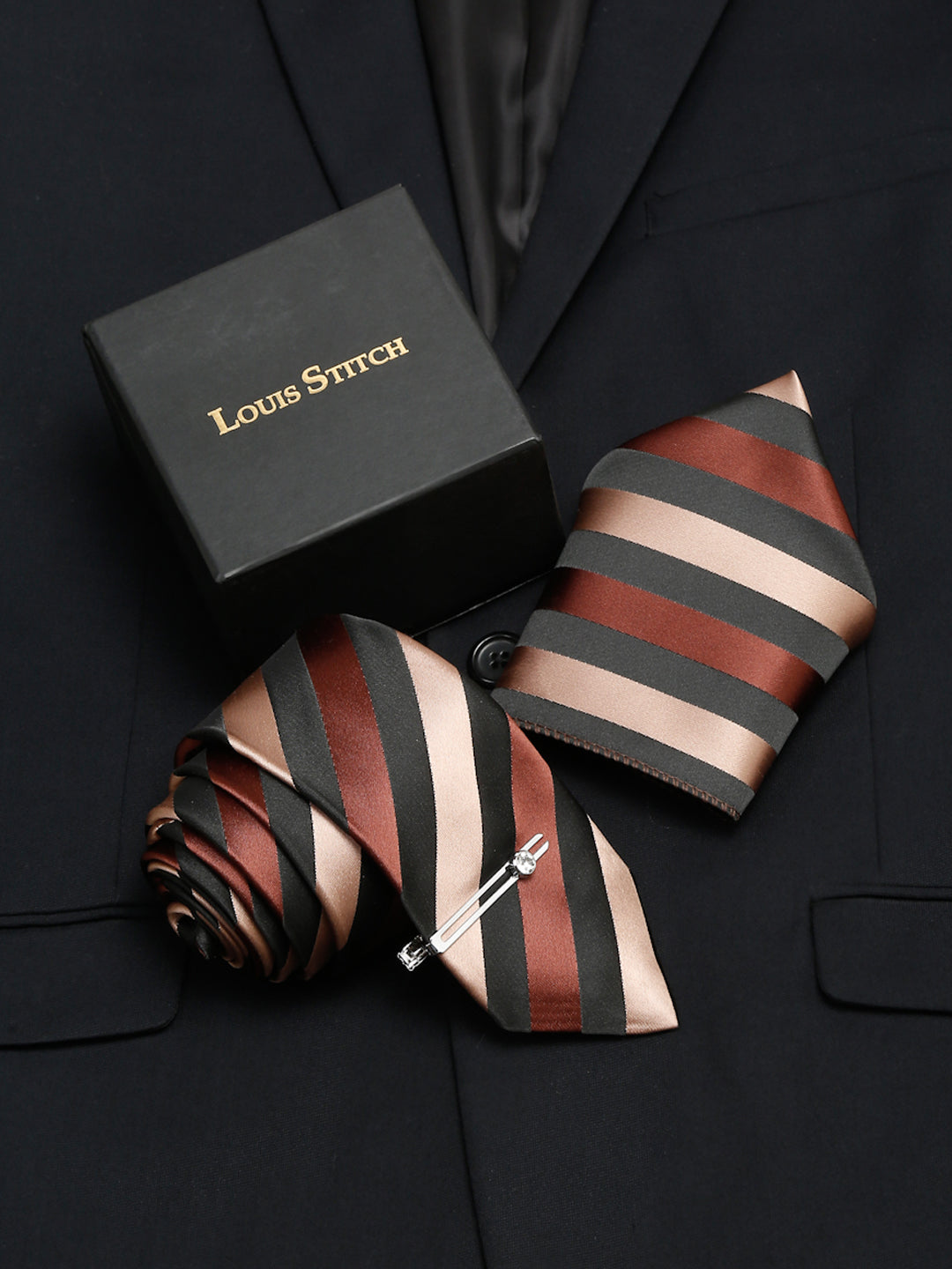 Striped Suave Beige Brown and Black Italian Silk Necktie Set Pocket Square Chrome Tiepin