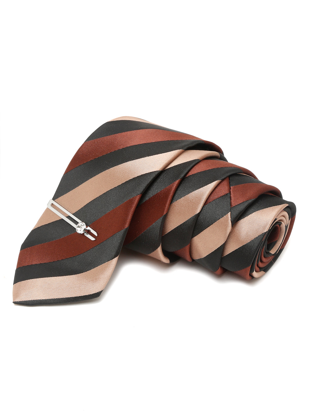 Striped Suave Beige Brown and Black Italian Silk Necktie Set Pocket Square Chrome Tiepin