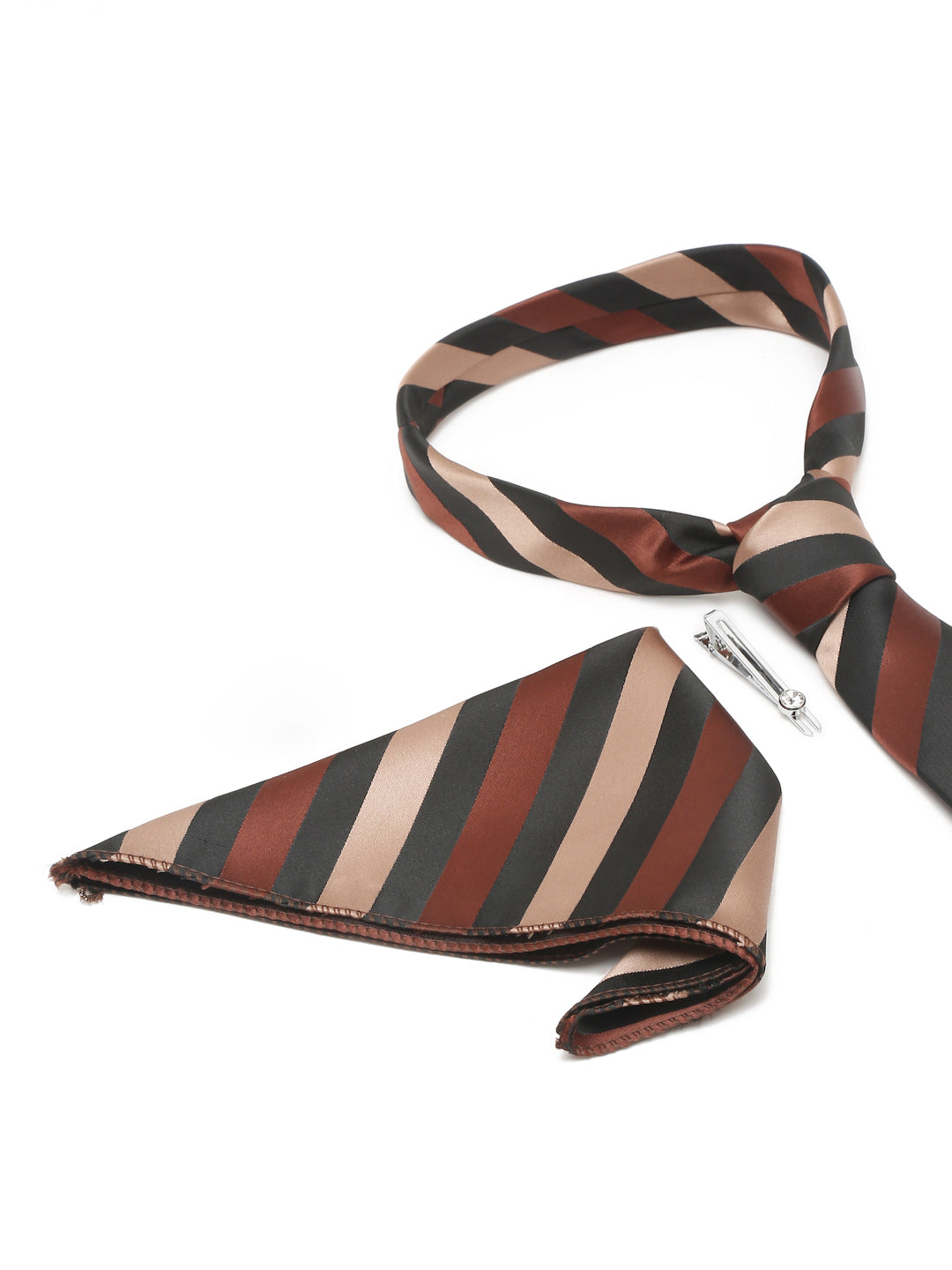 Striped Suave Beige Brown and Black Italian Silk Necktie Set Pocket Square Chrome Tiepin