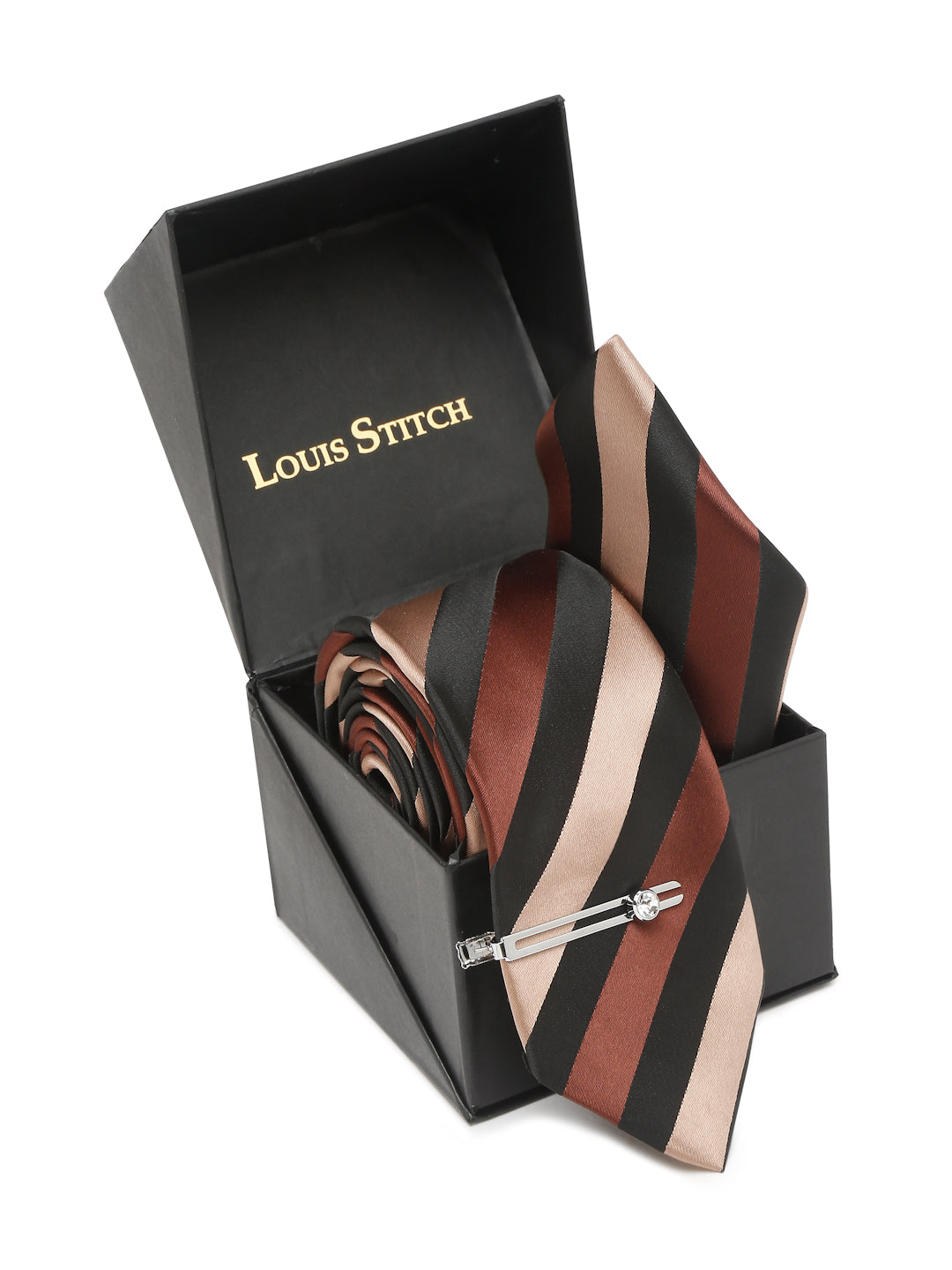 Striped Suave Beige Brown and Black Italian Silk Necktie Set Pocket Square Chrome Tiepin