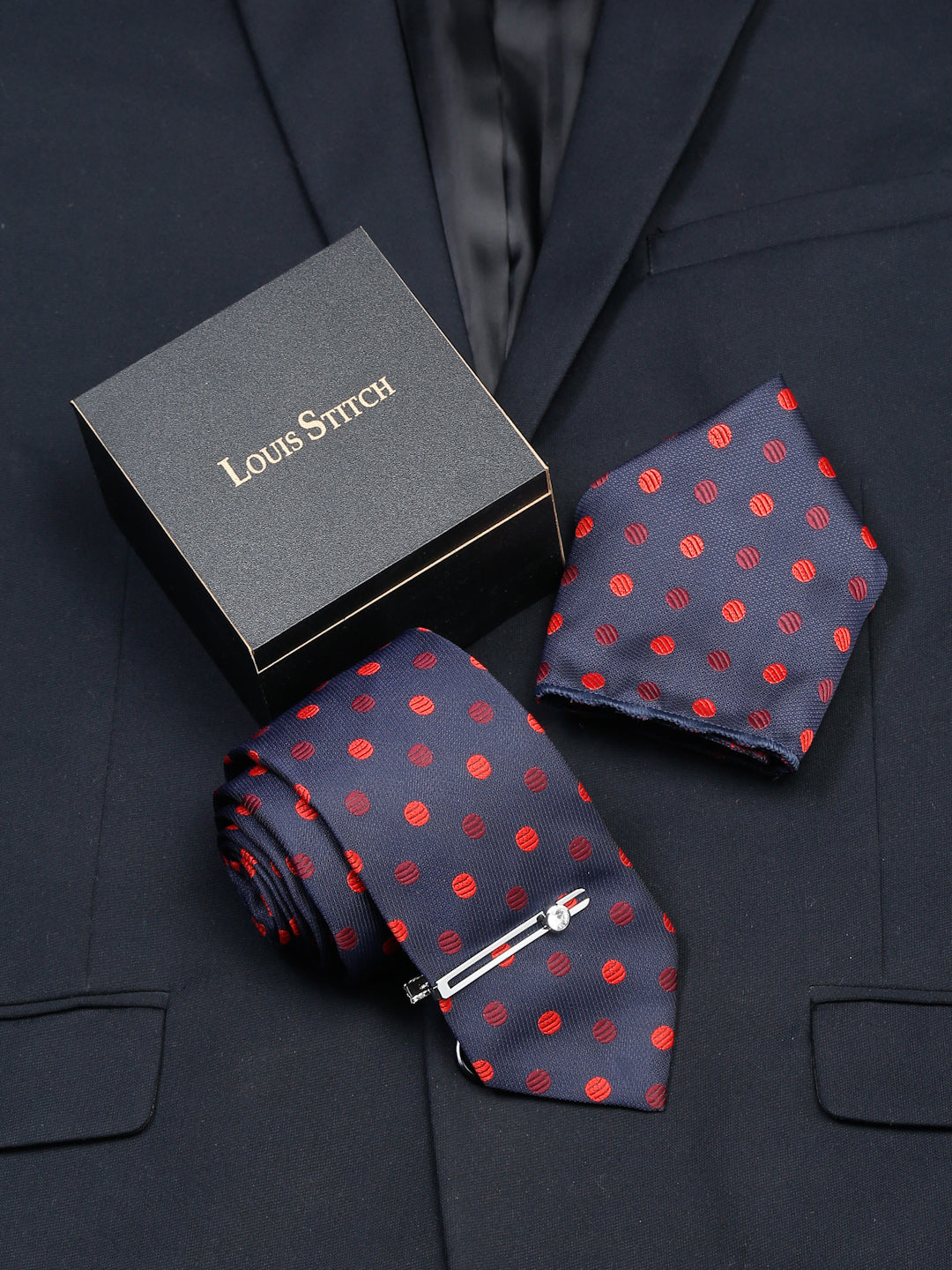 Polka Blue Luxury Italian Silk Necktie Set With Pocket Square Chrome Tie pin