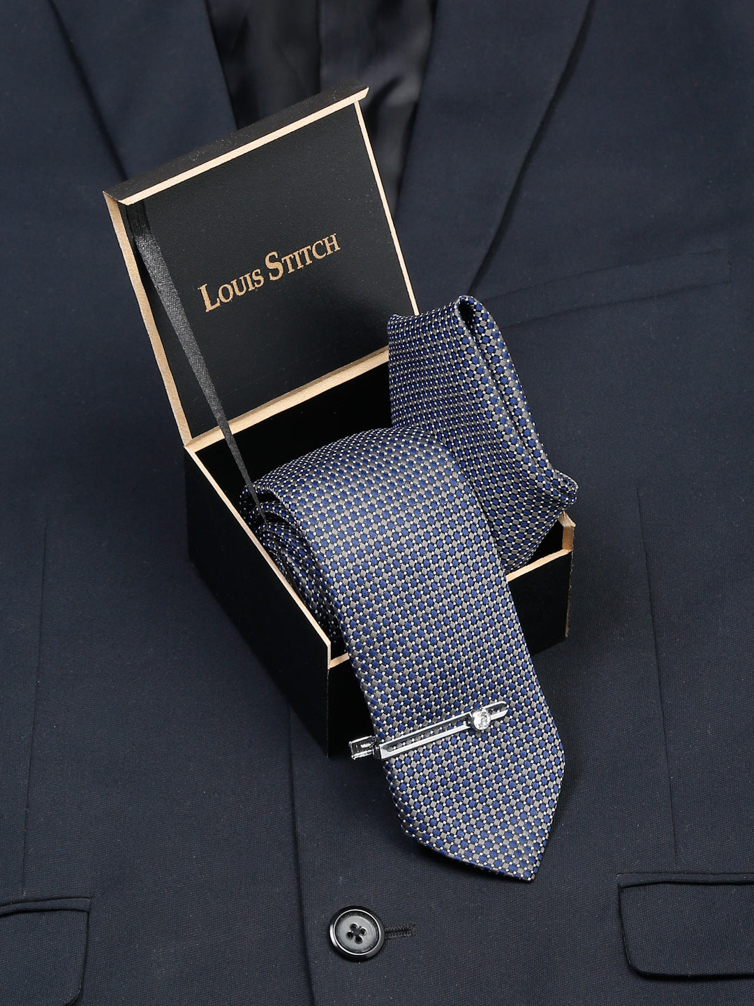 Blue Checkerd Luxury Italian Silk Necktie Set With Pocket Square Chrome Tie pin
