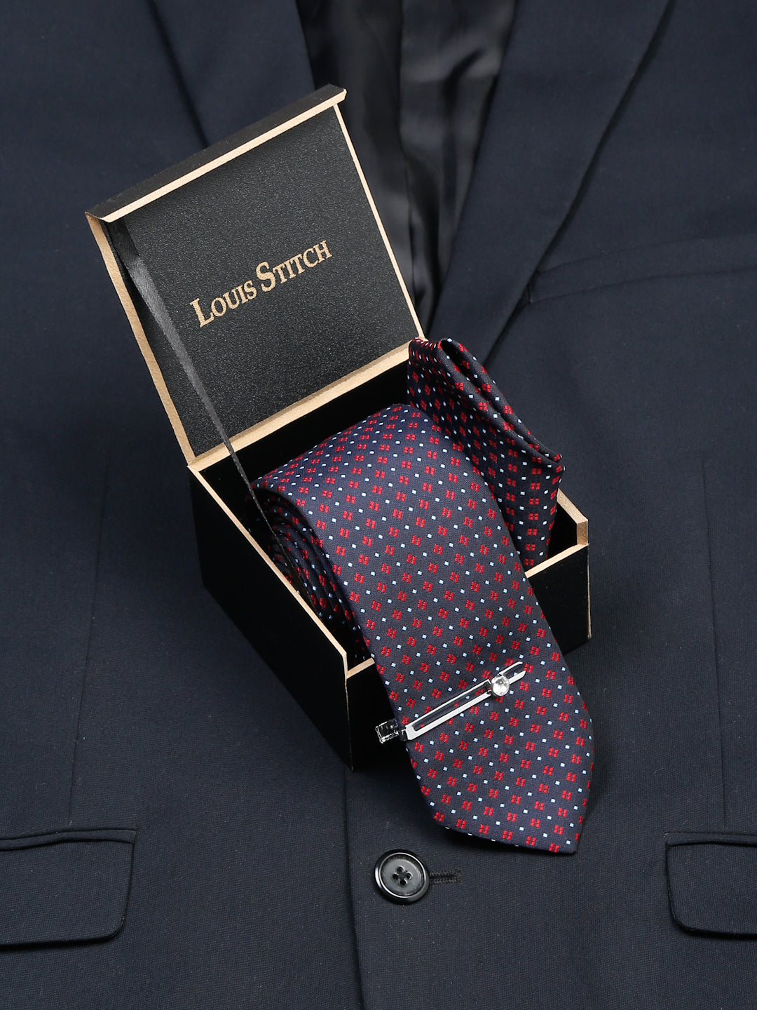 Blue Dotted Pattern Luxury Italian Silk Necktie Set With Pocket Square Chrome Tie pin