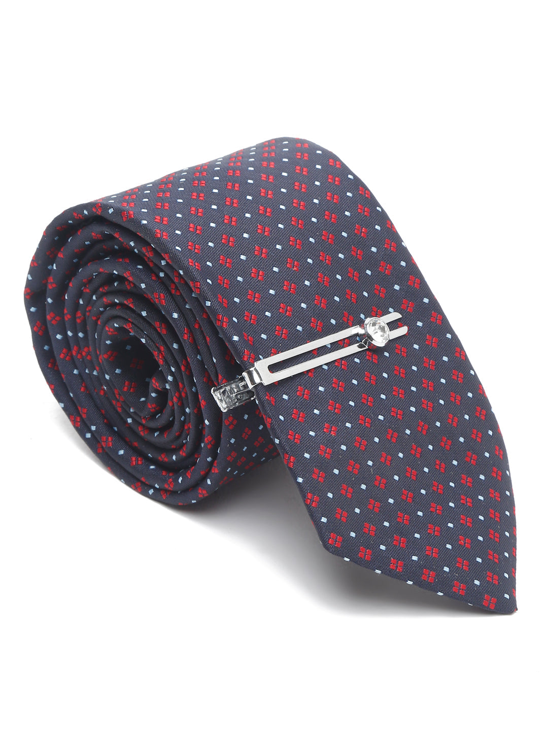 Blue Dotted Pattern Luxury Italian Silk Necktie Set With Pocket Square Chrome Tie pin