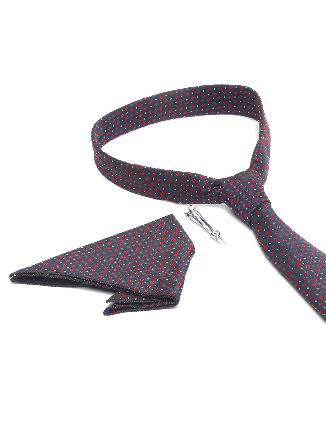 Blue Dotted Pattern Luxury Italian Silk Necktie Set With Pocket Square Chrome Tie pin