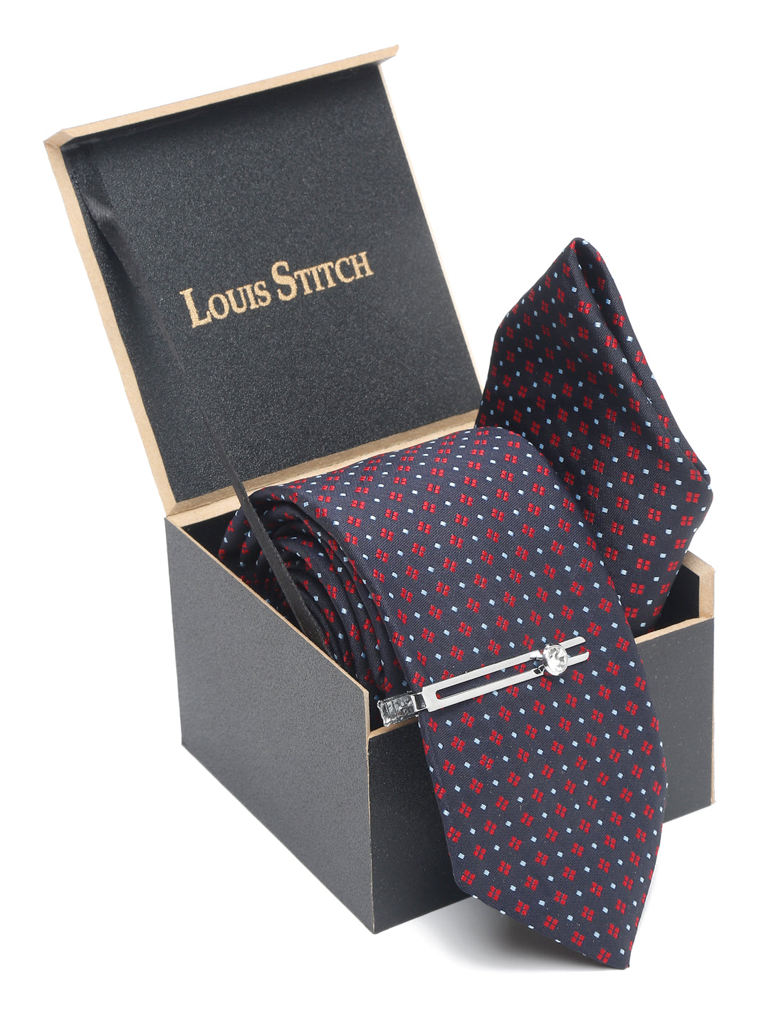 Blue Dotted Pattern Luxury Italian Silk Necktie Set With Pocket Square Chrome Tie pin