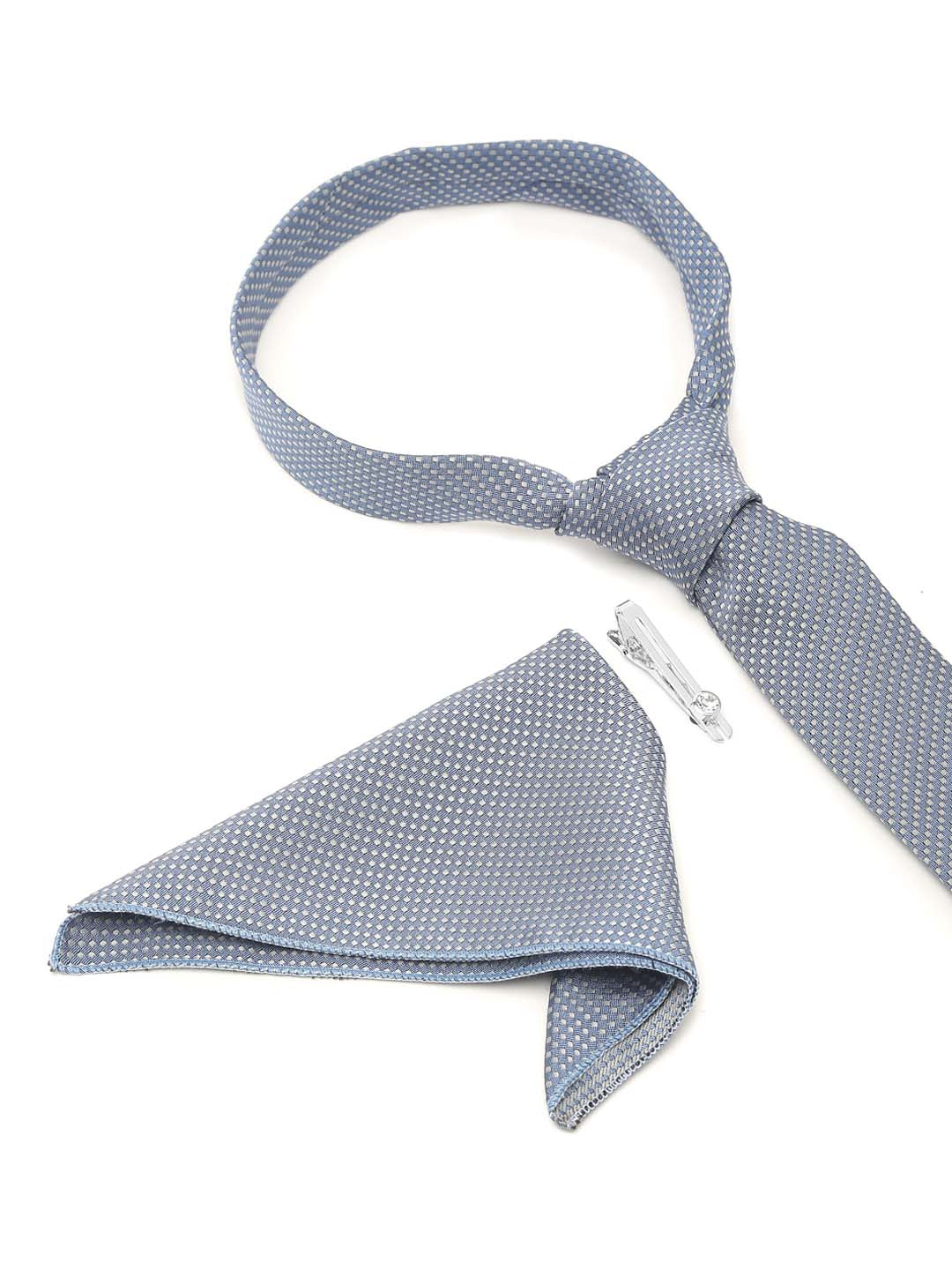 Ash Blue Luxury Italian Silk Necktie Set With Pocket Square Chrome Tie pin