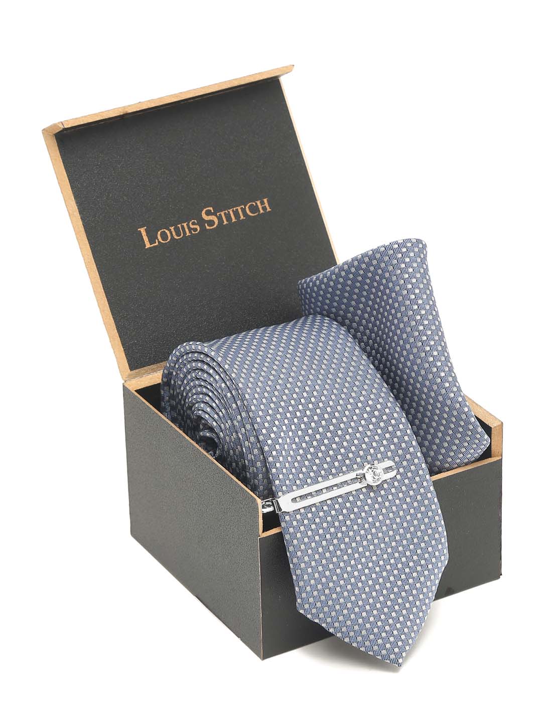 Ash Blue Luxury Italian Silk Necktie Set With Pocket Square Chrome Tie pin