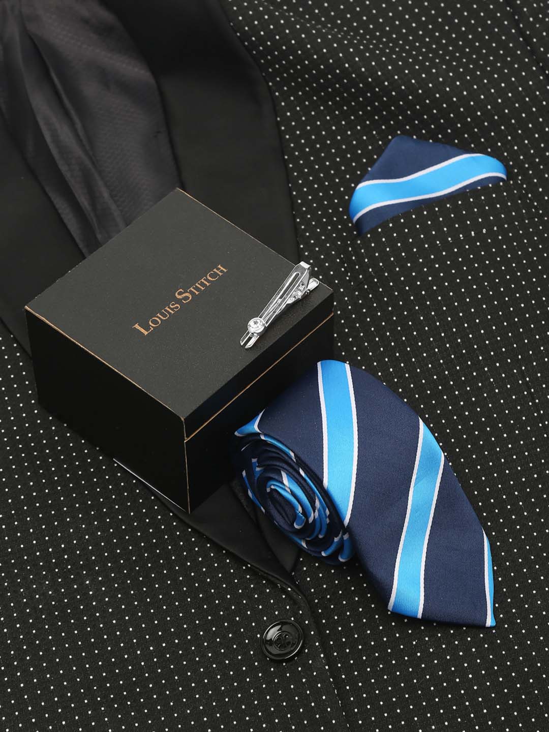 Polka Bright Blue Luxury Italian Silk Necktie Set With Pocket Square Chrome Tie pin