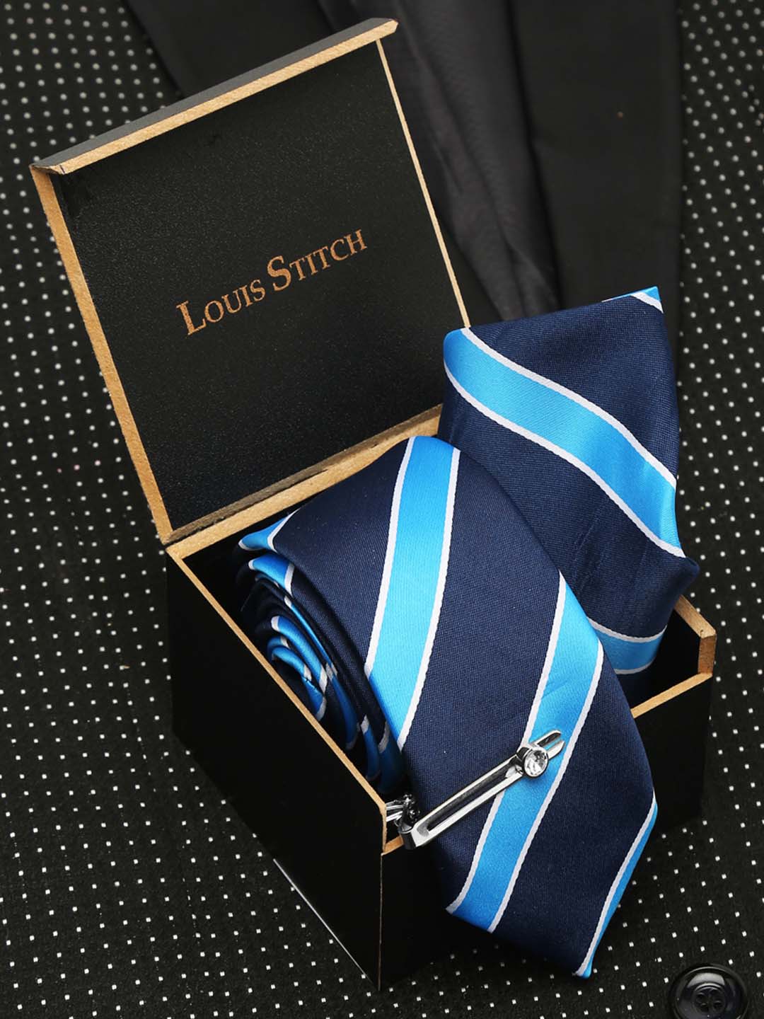 Polka Bright Blue Luxury Italian Silk Necktie Set With Pocket Square Chrome Tie pin