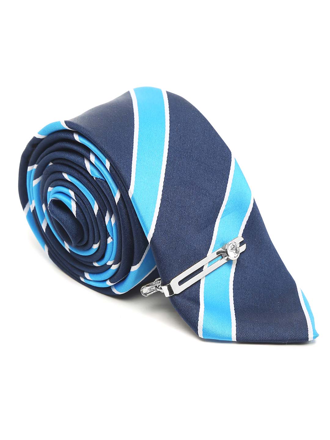 Polka Bright Blue Luxury Italian Silk Necktie Set With Pocket Square Chrome Tie pin