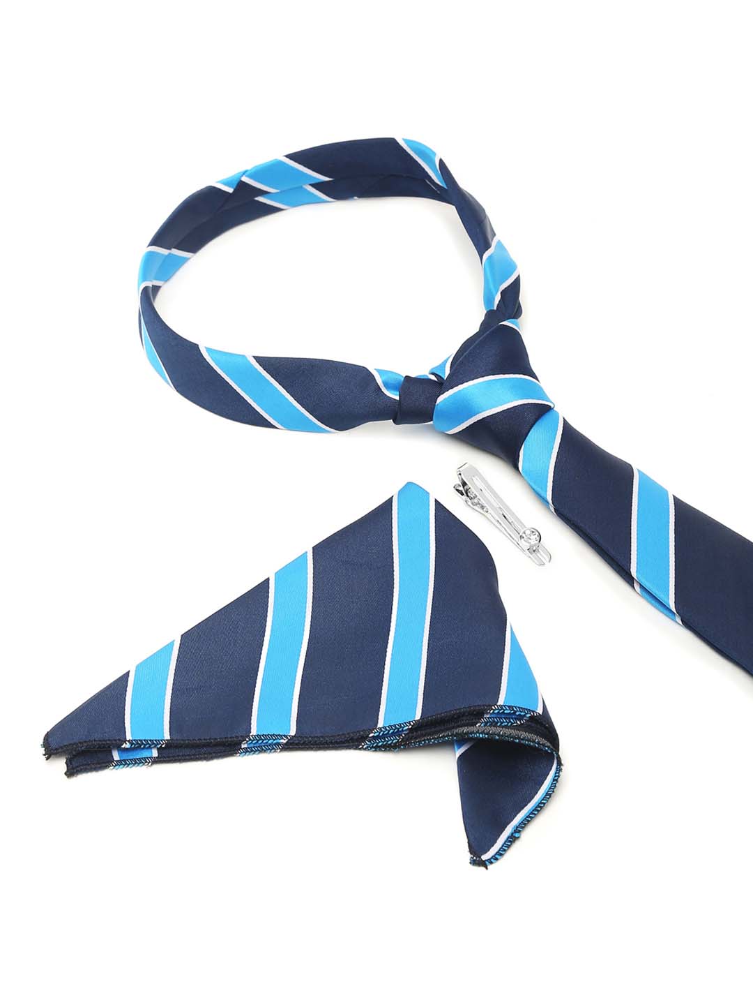 Polka Bright Blue Luxury Italian Silk Necktie Set With Pocket Square Chrome Tie pin
