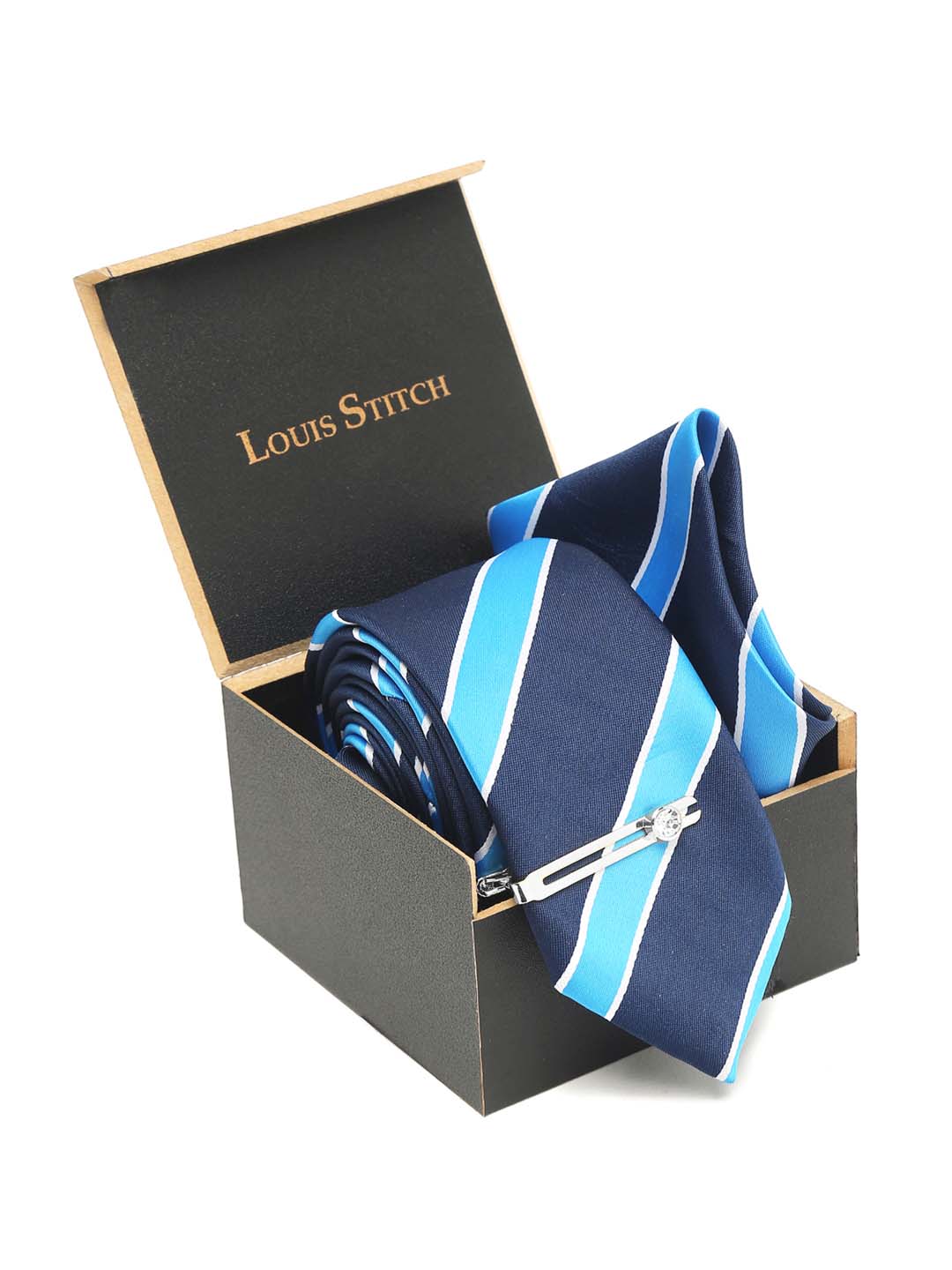 Polka Bright Blue Luxury Italian Silk Necktie Set With Pocket Square Chrome Tie pin