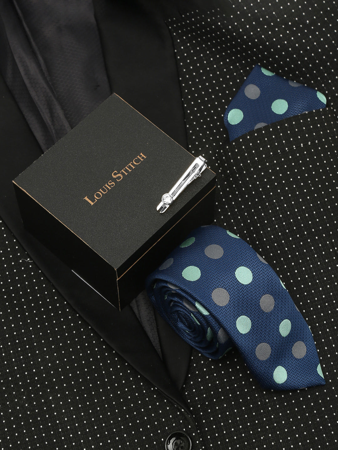 Polka Dotted Blue Luxury Italian Silk Necktie Set With Pocket Square Chrome Tie pin