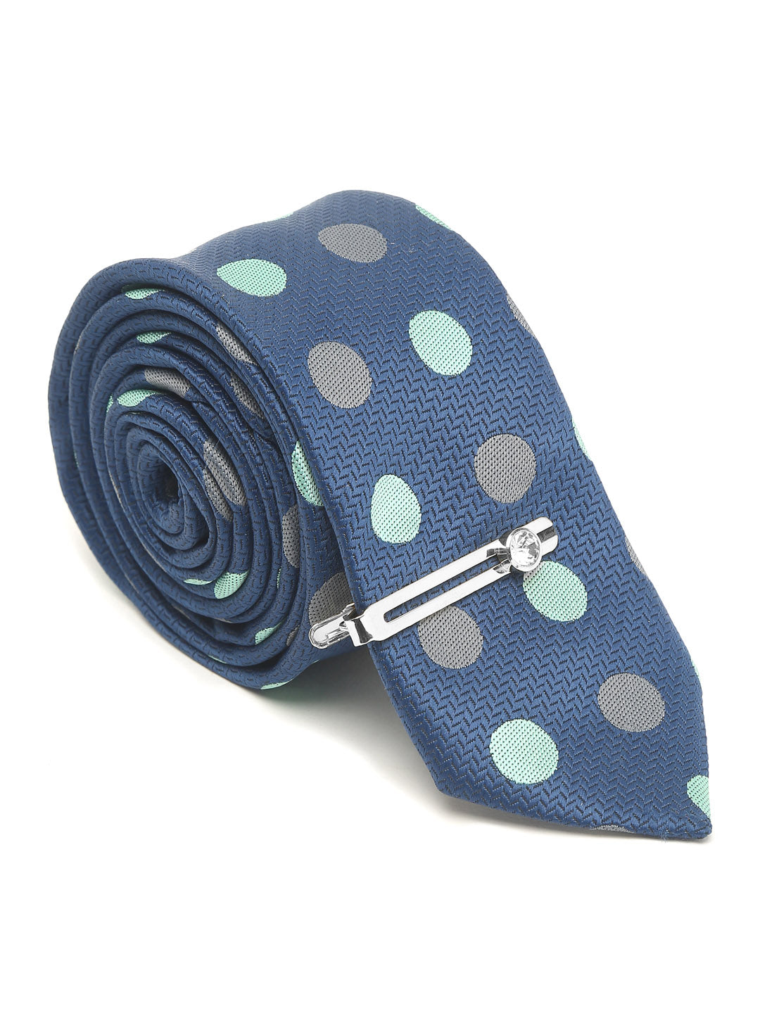 Polka Dotted Blue Luxury Italian Silk Necktie Set With Pocket Square Chrome Tie pin