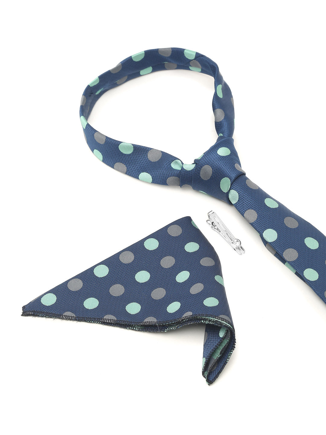 Polka Dotted Blue Luxury Italian Silk Necktie Set With Pocket Square Chrome Tie pin