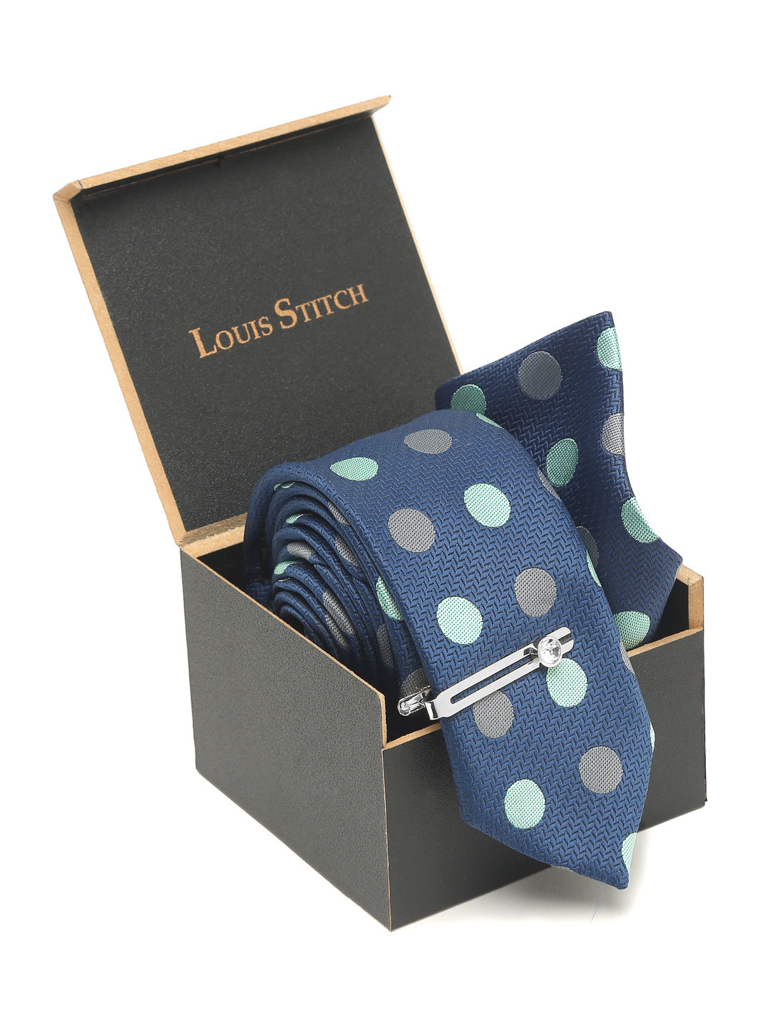 Polka Dotted Blue Luxury Italian Silk Necktie Set With Pocket Square Chrome Tie pin