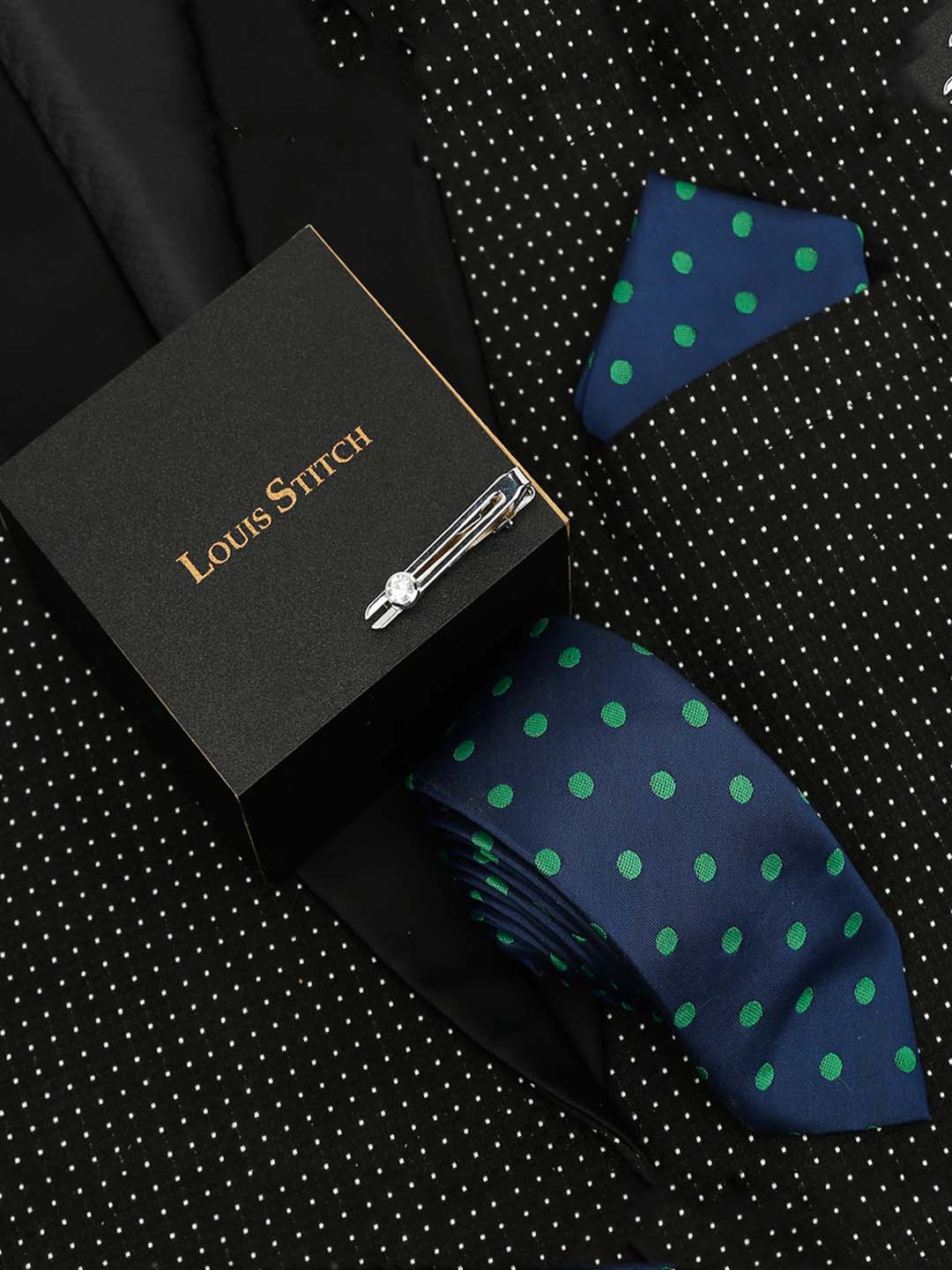 Polka Dot Blue Luxury Italian Silk Necktie Set With Pocket Square Chrome Tie pin