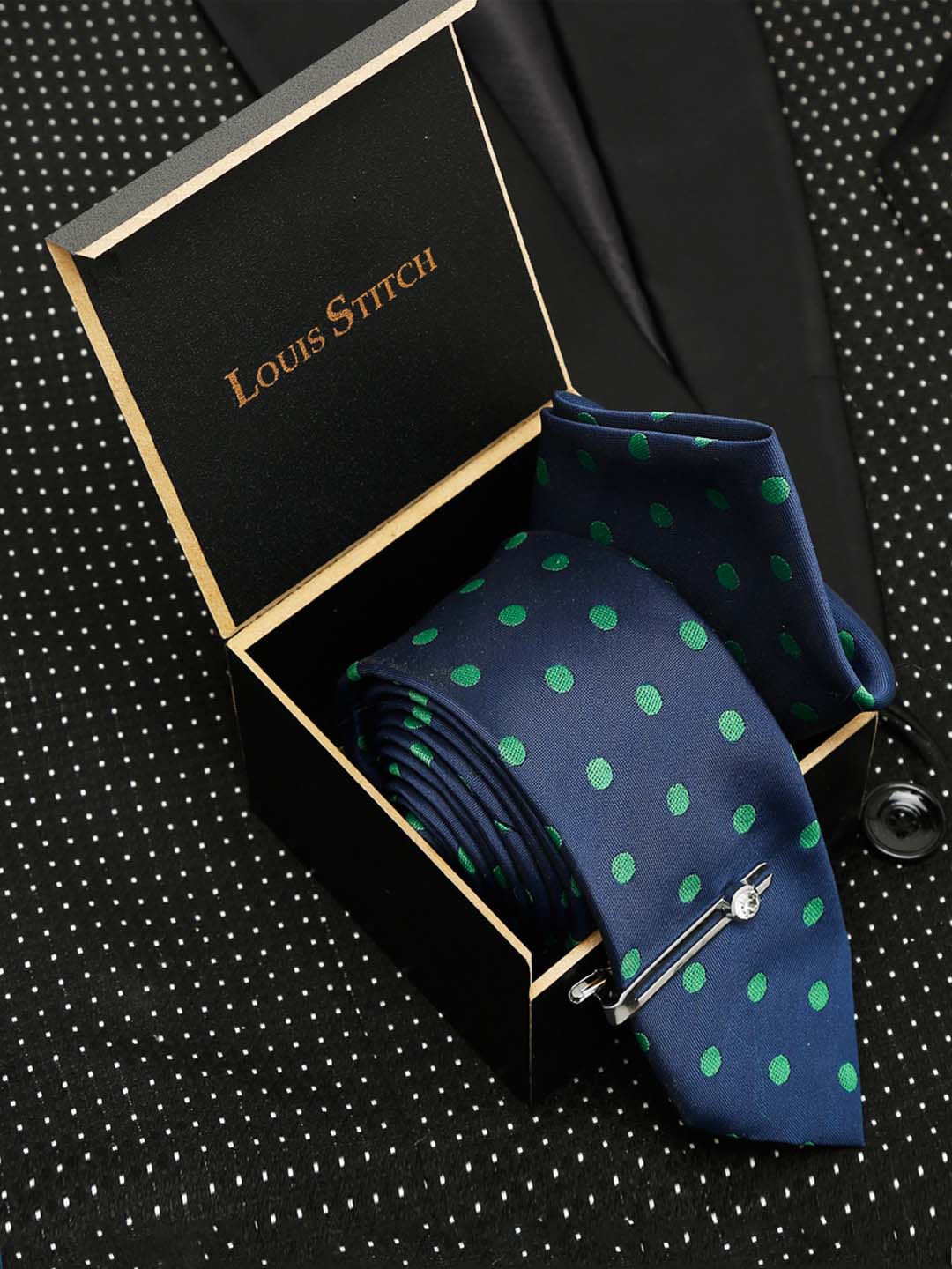Polka Dot Blue Luxury Italian Silk Necktie Set With Pocket Square Chrome Tie pin