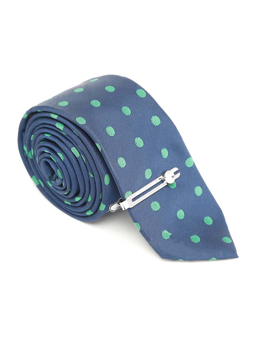 Polka Dot Blue Luxury Italian Silk Necktie Set With Pocket Square Chrome Tie pin