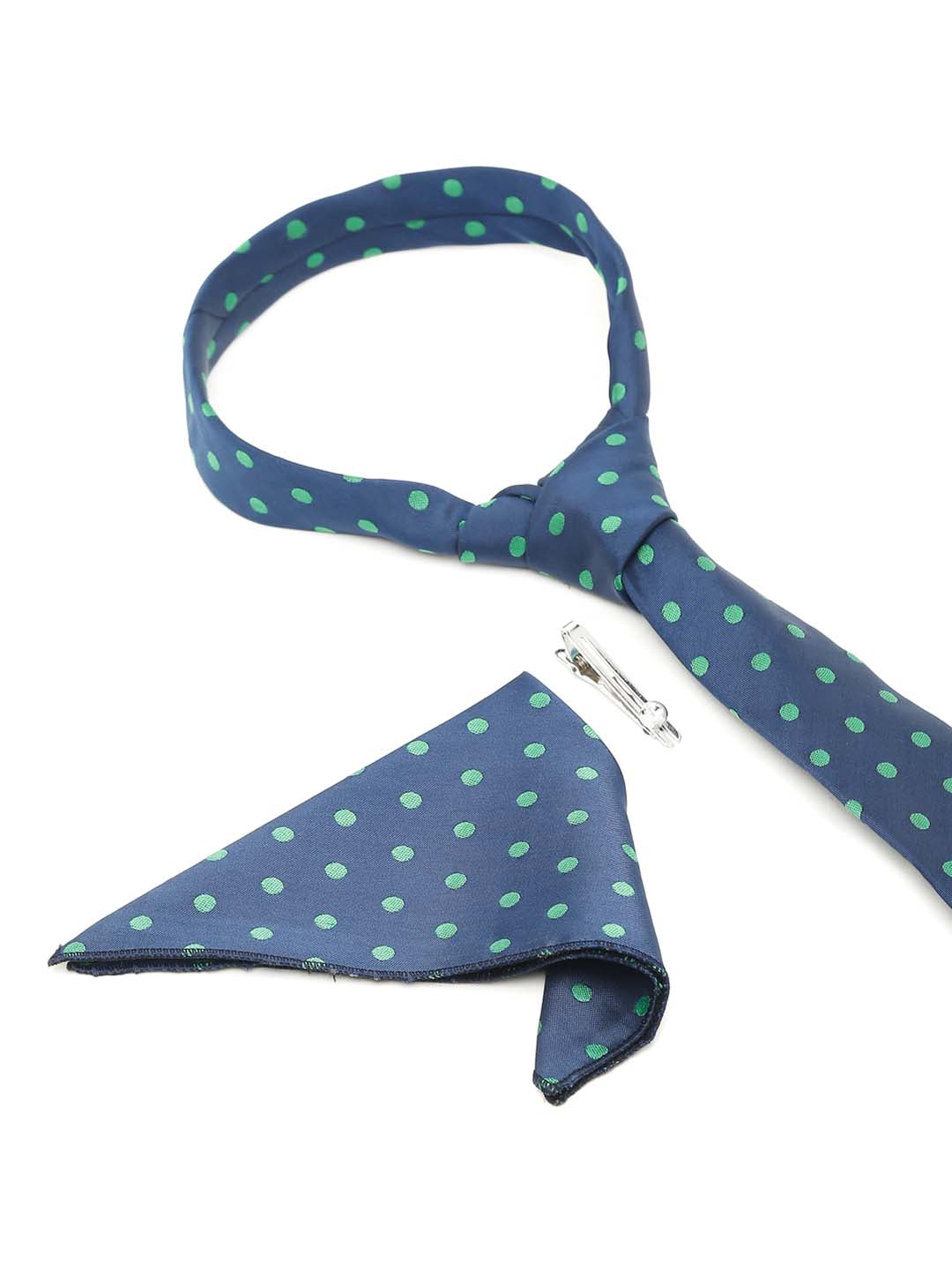 Polka Dot Blue Luxury Italian Silk Necktie Set With Pocket Square Chrome Tie pin