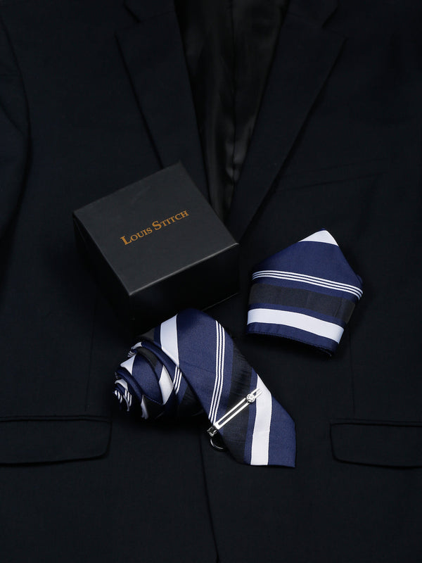  Lined Blue Stripes Luxury Italian Silk Necktie Set With Pocket Square Chrome Tie pin