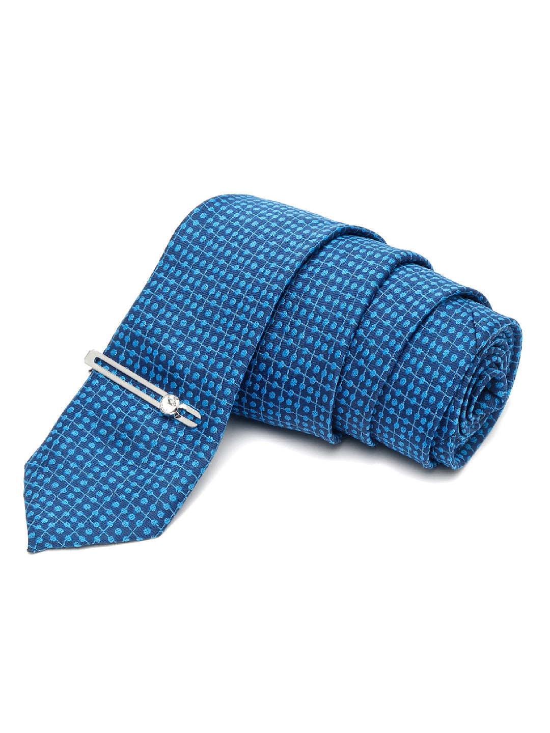 Polka Dotted Blue Luxury Italian Silk Necktie Set With Pocket Square Chrome Tie pin