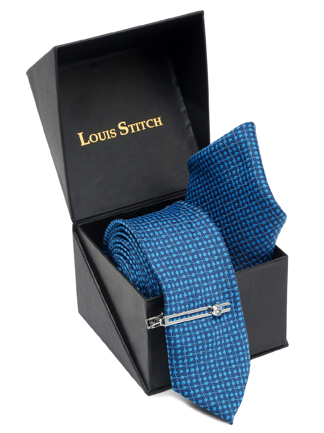 Polka Dotted Blue Luxury Italian Silk Necktie Set With Pocket Square Chrome Tie pin