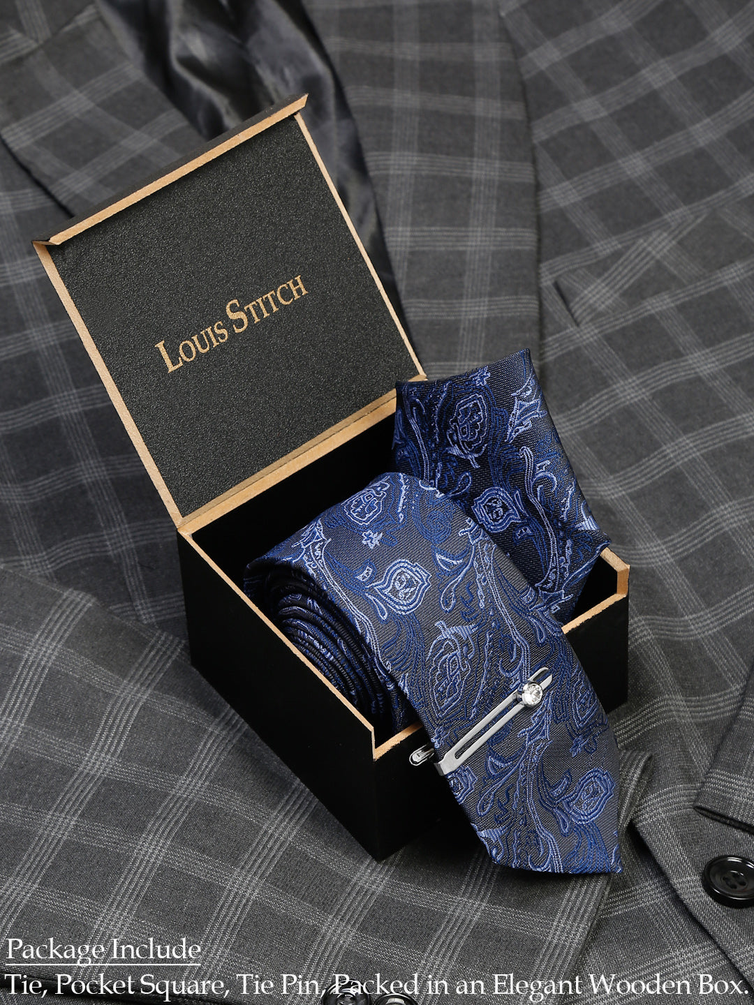 Royal Blue Luxury Italian Silk Necktie Set With Pocket Square Chrome Tie pin