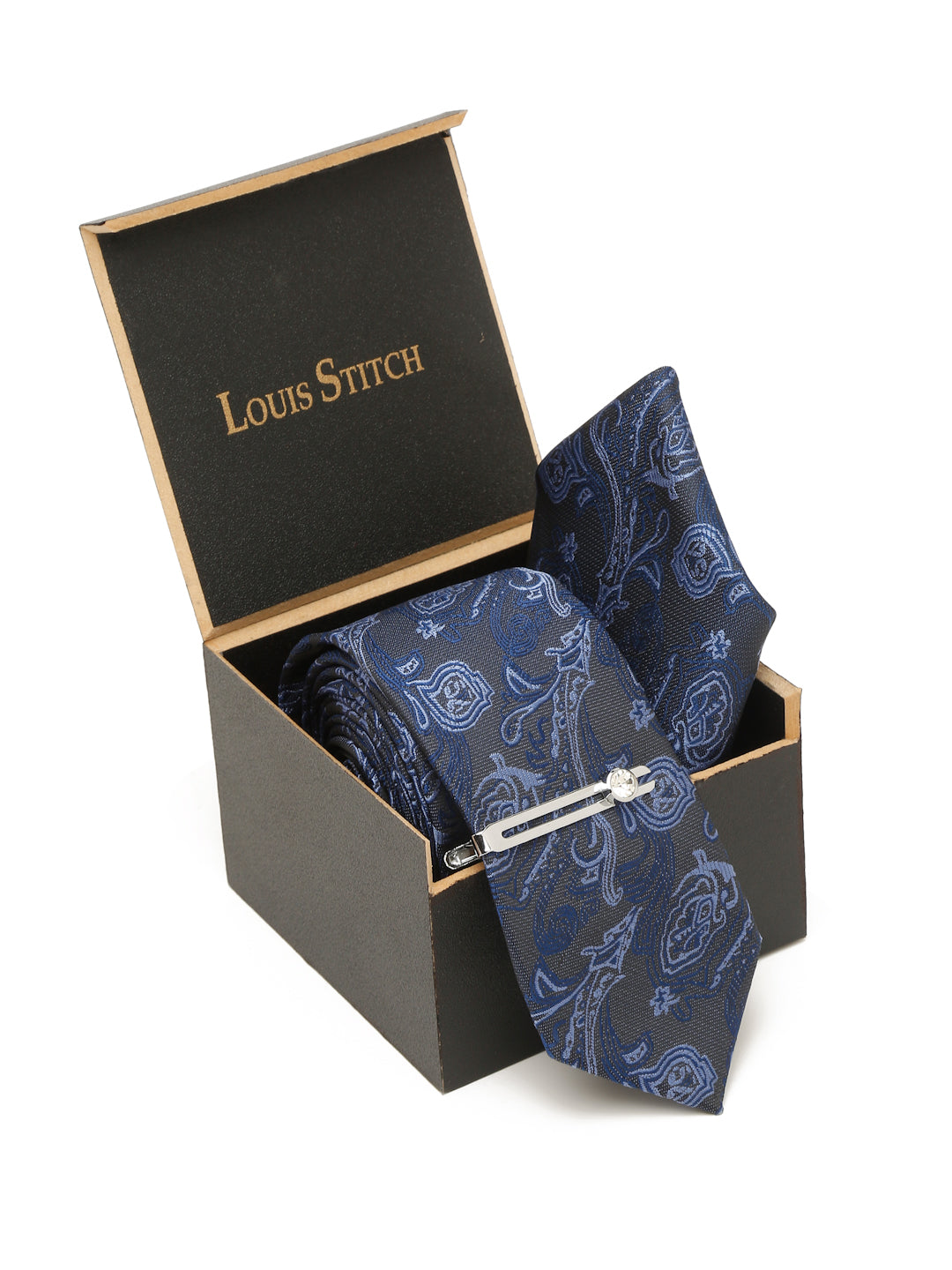 Royal Blue Luxury Italian Silk Necktie Set With Pocket Square Chrome Tie pin