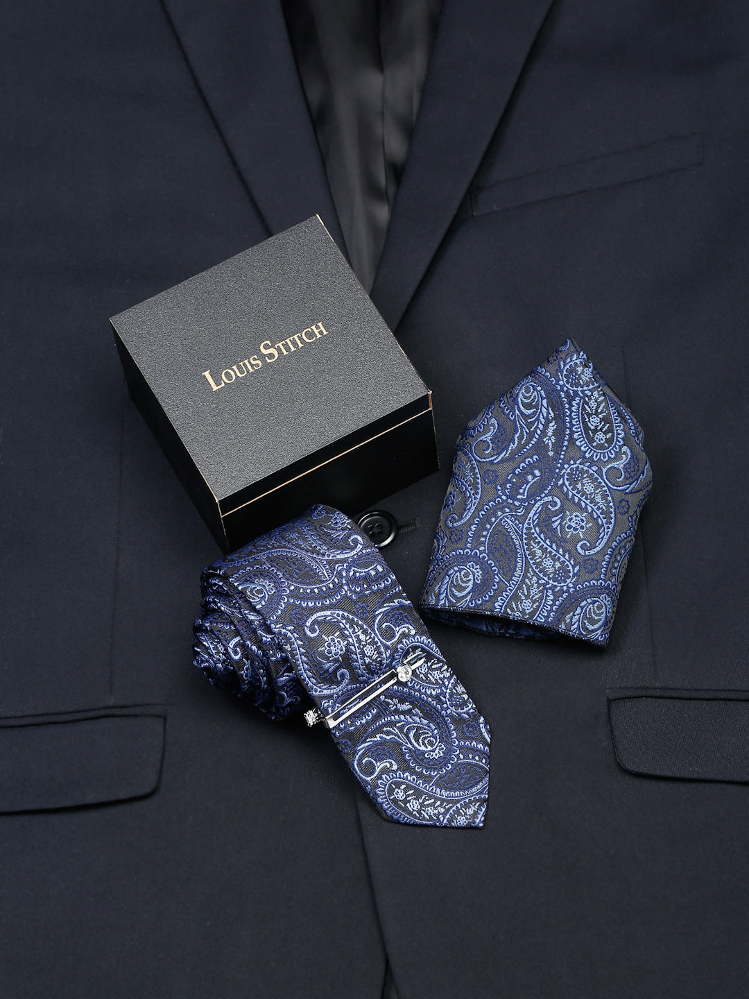 Denim Blue Luxury Italian Silk Necktie Set With Pocket Square Chrome Tie pin