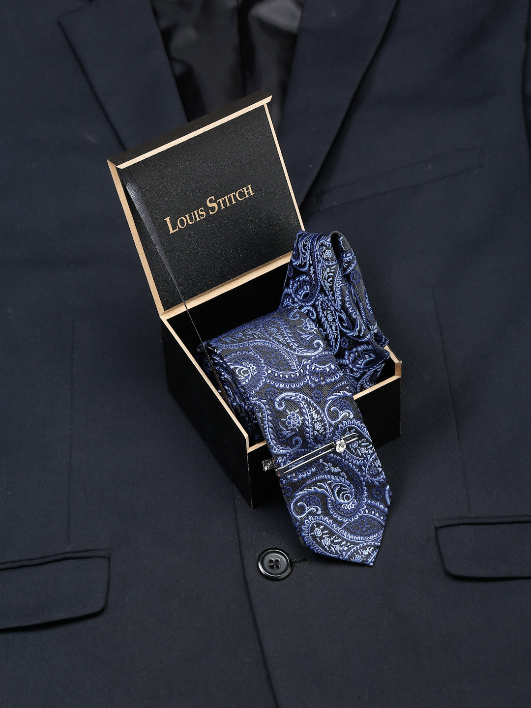 Denim Blue Luxury Italian Silk Necktie Set With Pocket Square Chrome Tie pin