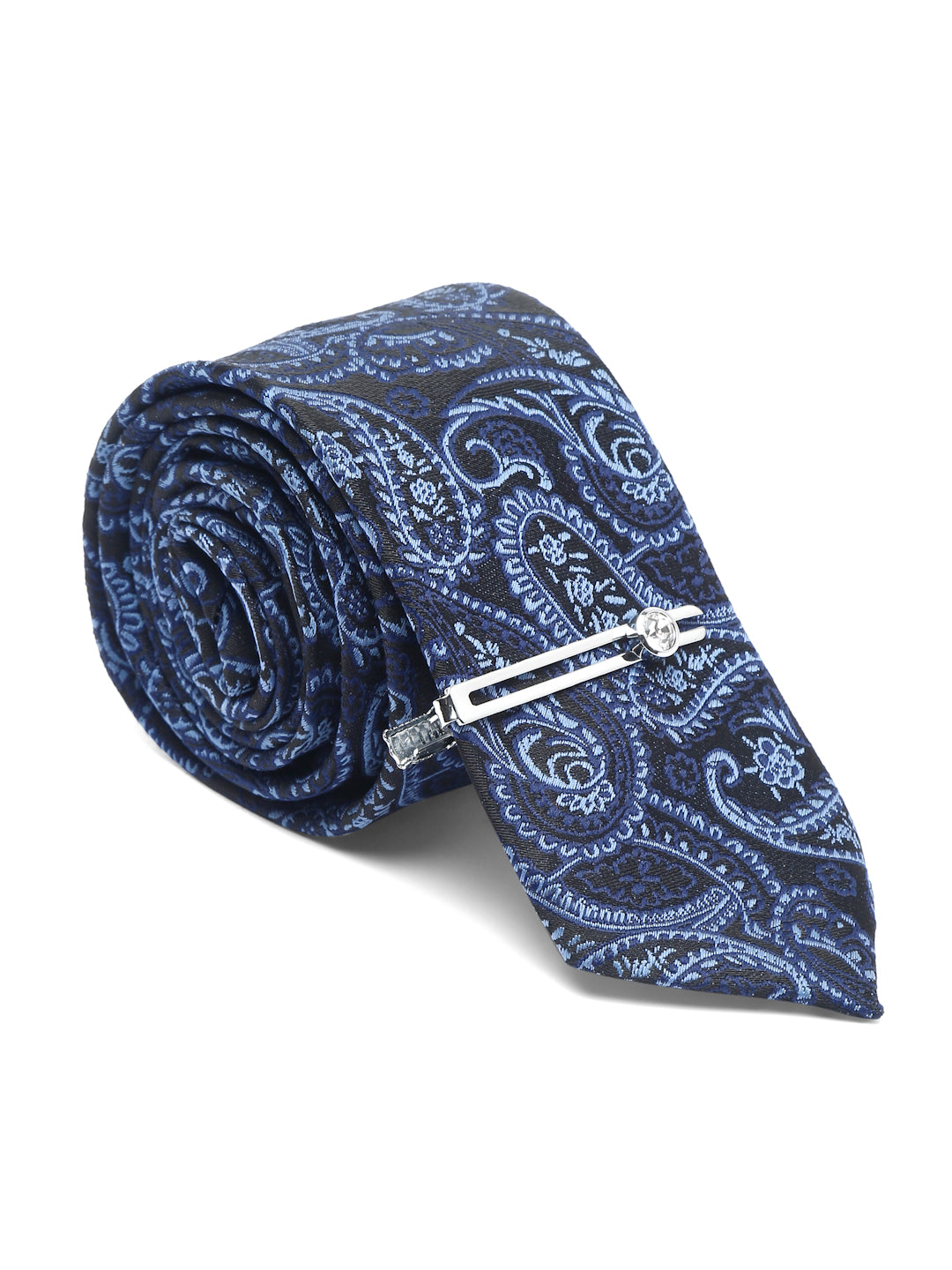 Denim Blue Luxury Italian Silk Necktie Set With Pocket Square Chrome Tie pin