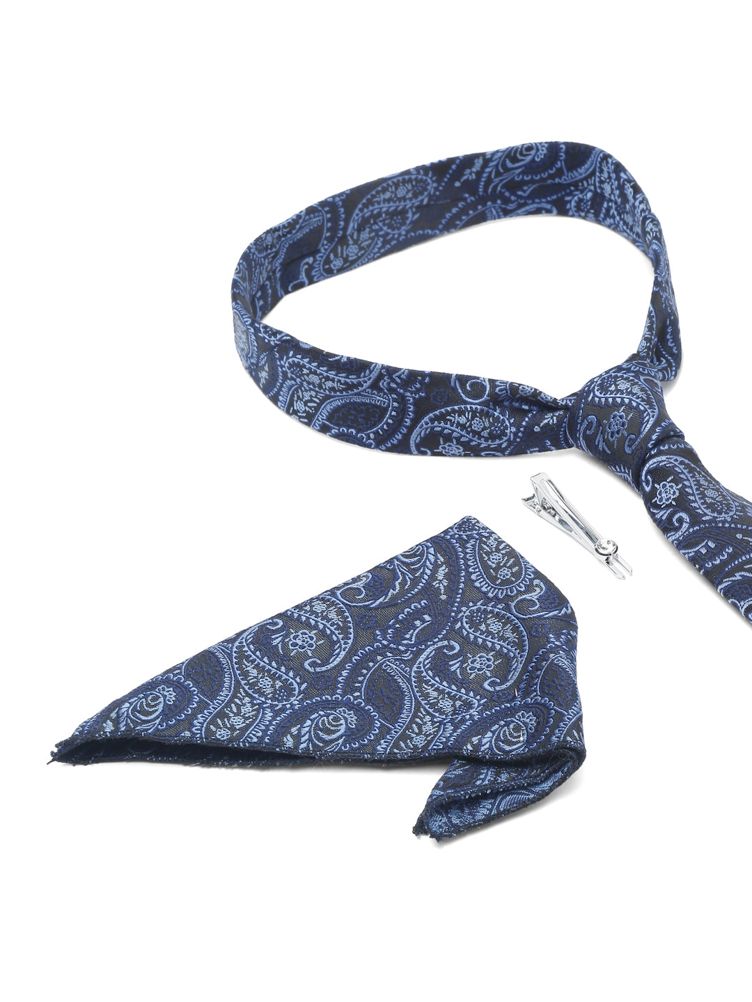 Denim Blue Luxury Italian Silk Necktie Set With Pocket Square Chrome Tie pin