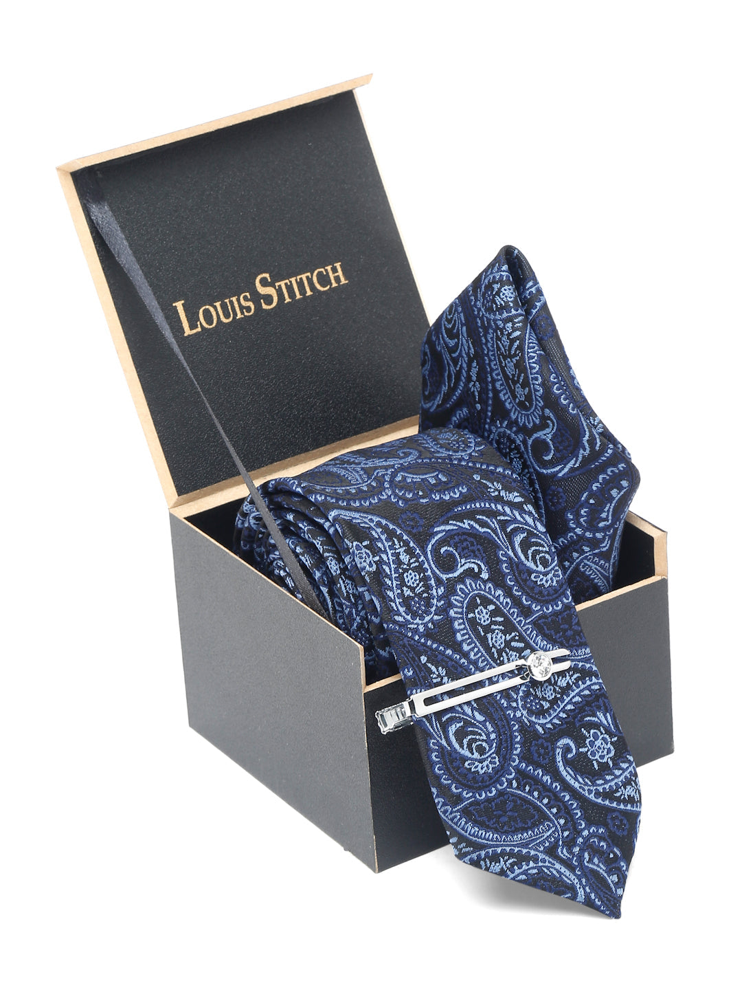 Denim Blue Luxury Italian Silk Necktie Set With Pocket Square Chrome Tie pin