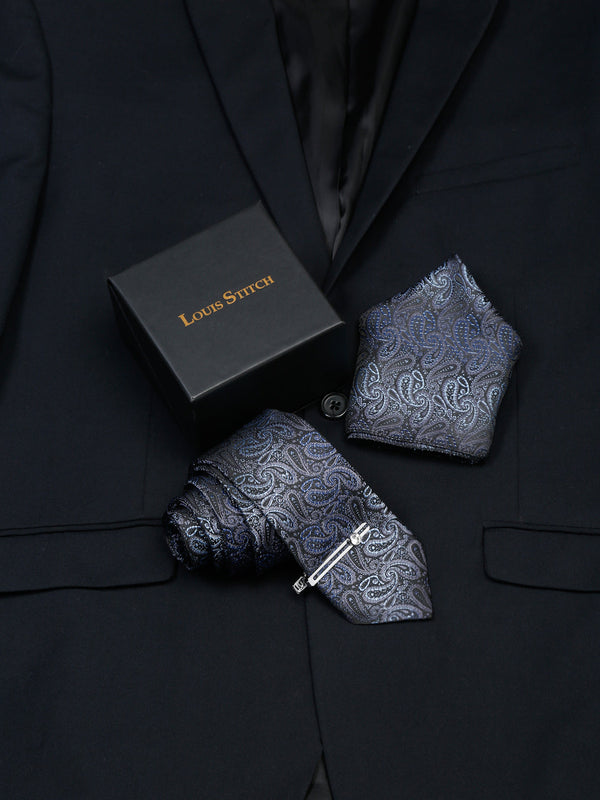  Spruce Blue Luxury Italian Silk Necktie Set With Pocket Square Chrome Tie pin