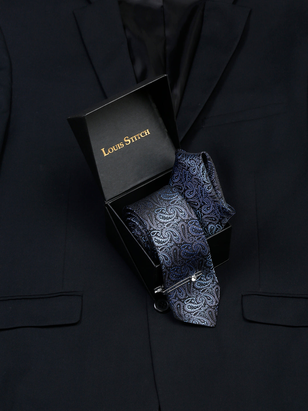 Spruce Blue Luxury Italian Silk Necktie Set With Pocket Square Chrome Tie pin